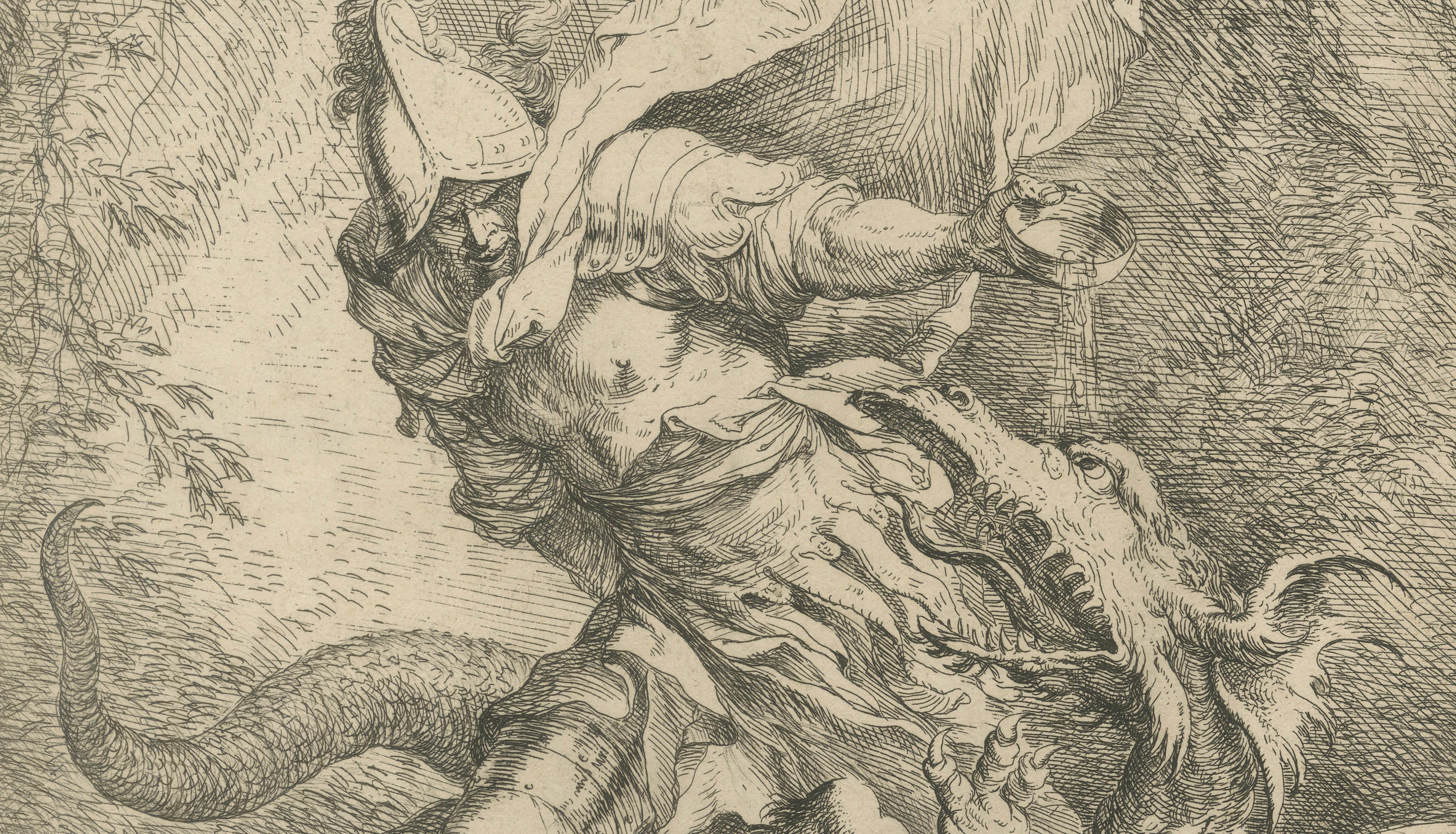 Antique Baroque Etching, Salvator Rosa, Jason and the Dragon, c.1663