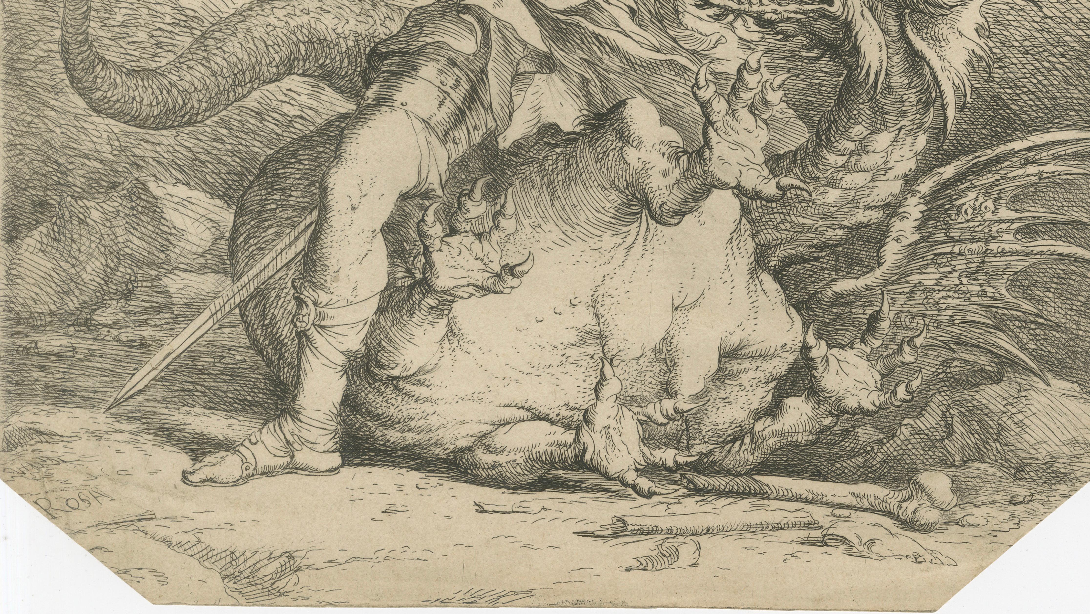 Antique Baroque Etching, Salvator Rosa, Jason and the Dragon, c.1663