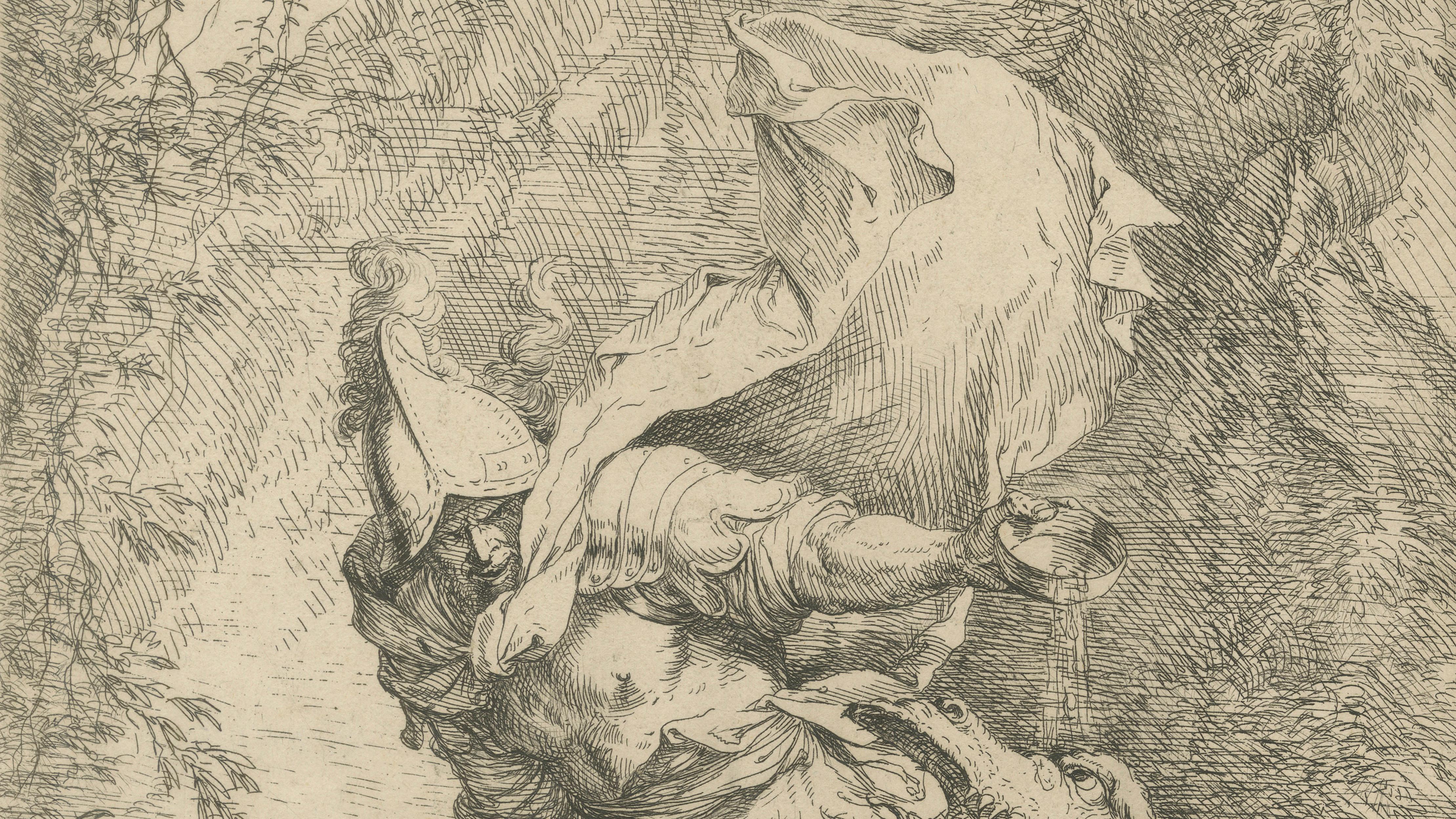 Antique Baroque Etching, Salvator Rosa, Jason and the Dragon, c.1663
