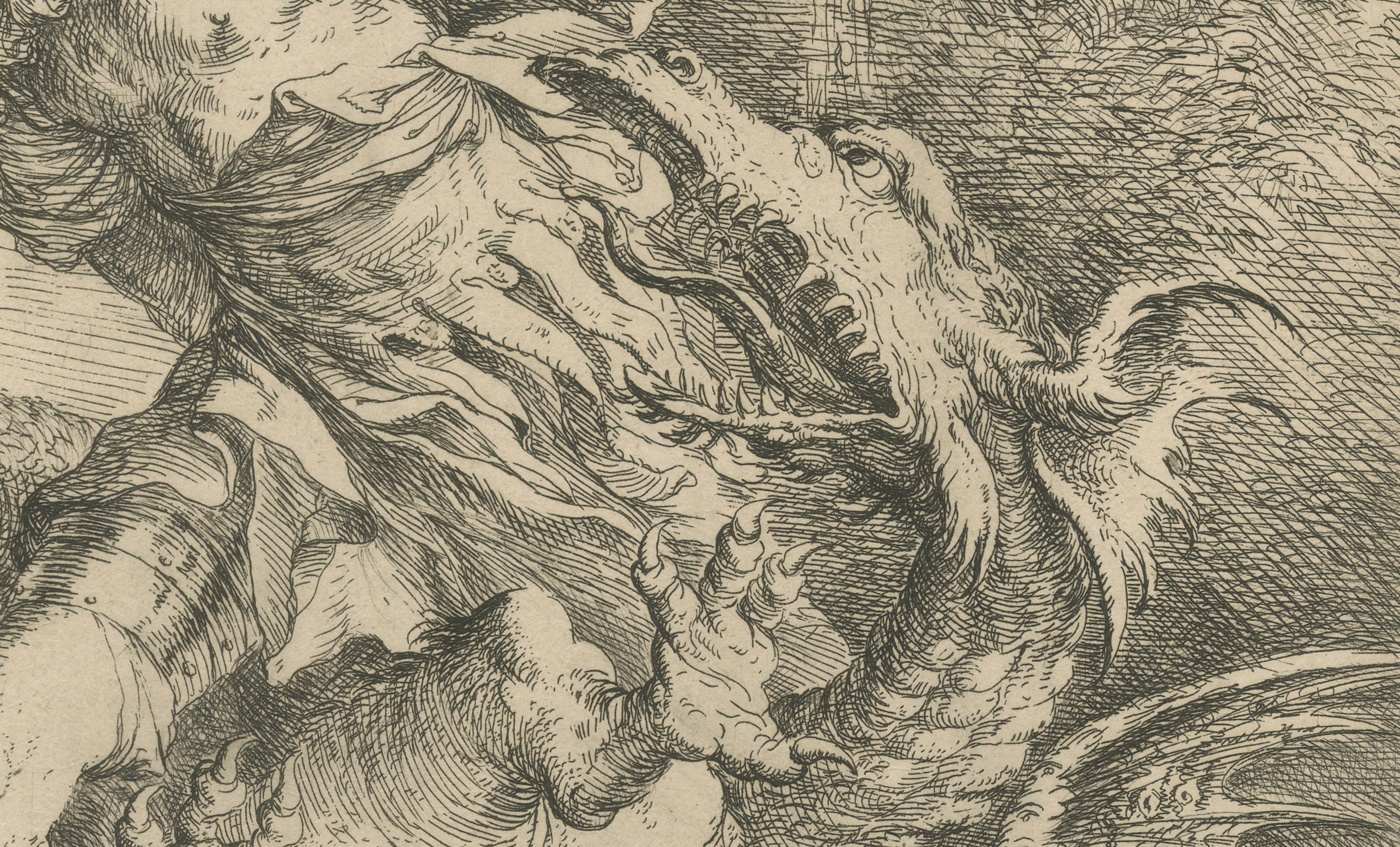 Antique Baroque Etching, Salvator Rosa, Jason and the Dragon, c.1663