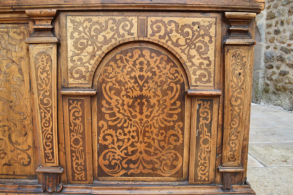 Antique Baroque Fruitwood Inlaid Desk / Cassone Chest, Mid-17th Century For Sale 8