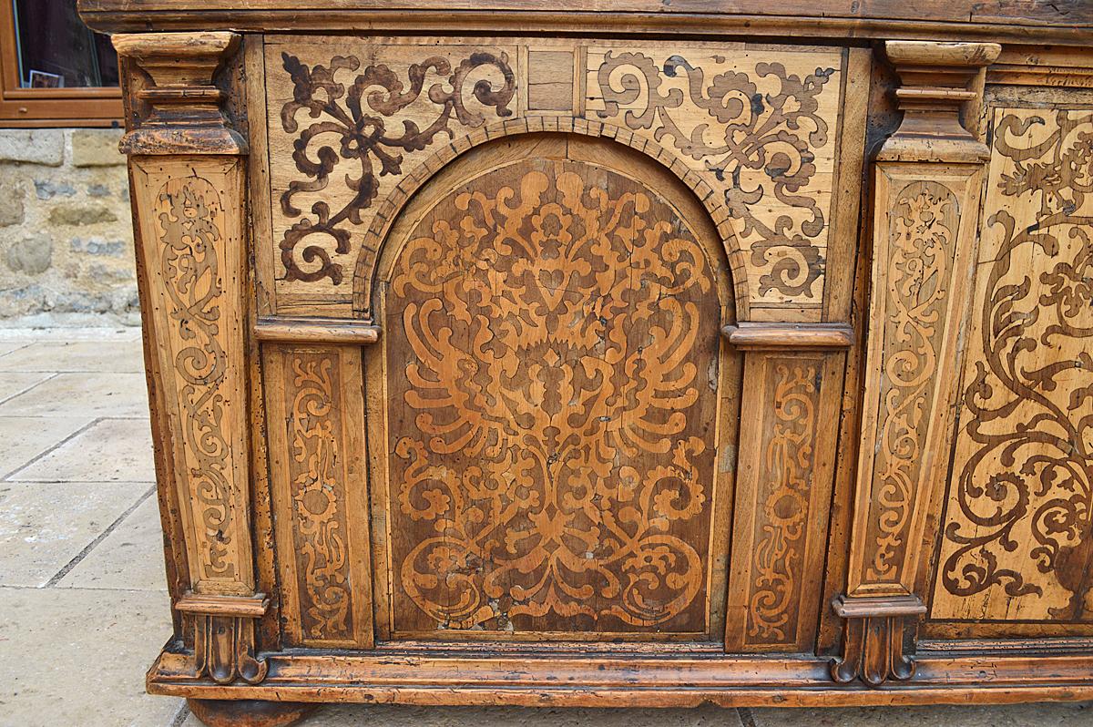 Antique Baroque Fruitwood Inlaid Desk / Cassone Chest, Mid-17th Century For Sale 9