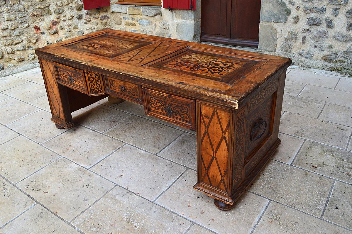 Carved Antique Baroque Fruitwood Inlaid Desk / Cassone Chest, Mid-17th Century For Sale