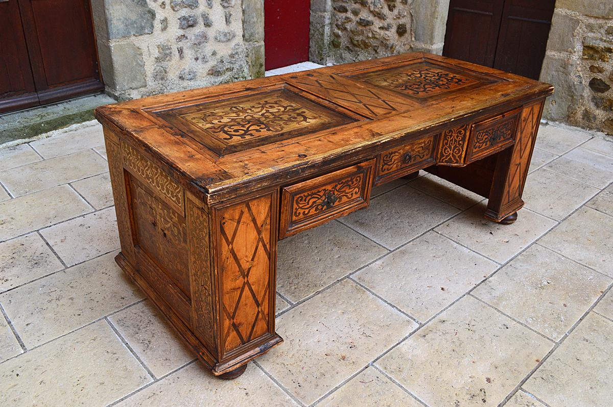 Wrought Iron Antique Baroque Fruitwood Inlaid Desk / Cassone Chest, Mid-17th Century For Sale