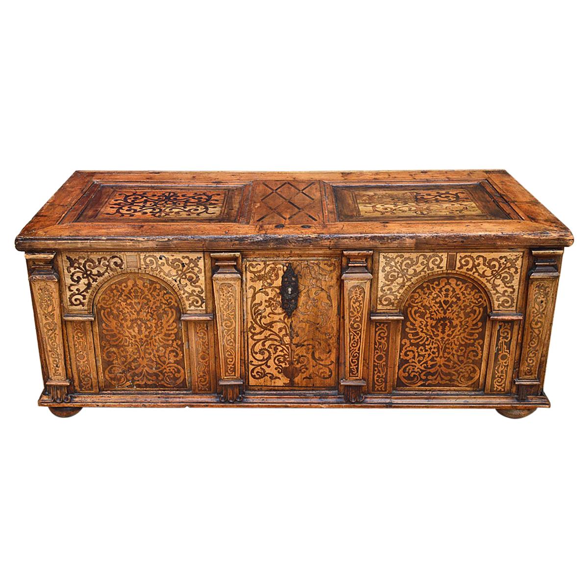 Antique Baroque Fruitwood Inlaid Desk / Cassone Chest, Mid-17th Century For Sale