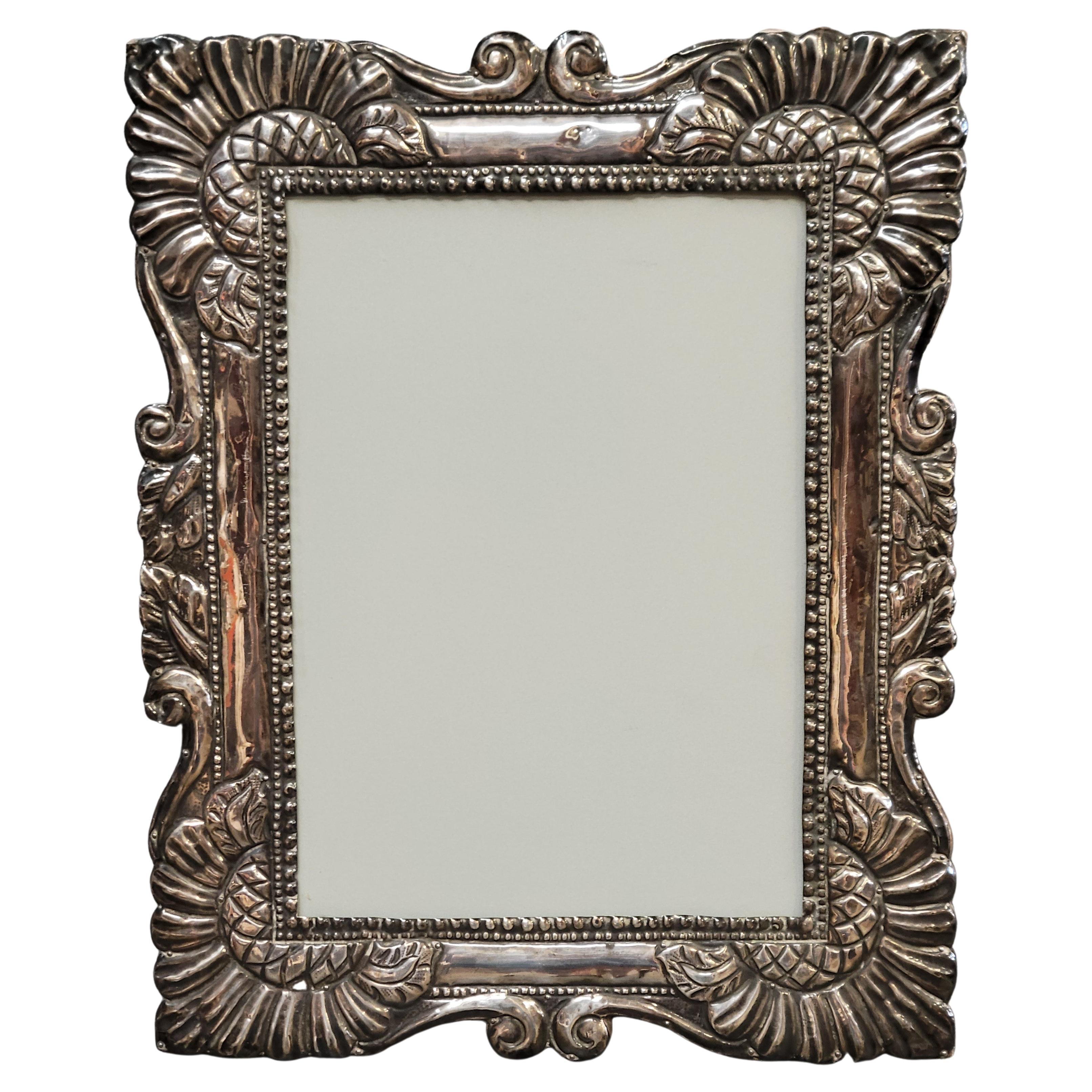 Antique Baroque Hand Hammered Sterling Silver Picture Frame For Sale