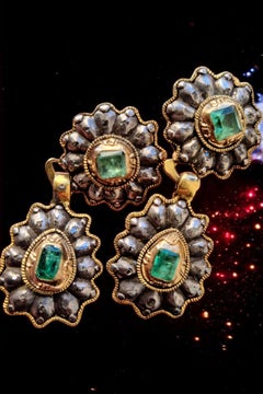 Antique Baroque Iberian Drop Earrings. Colombian Emeralds & Diamonds 17/18C.