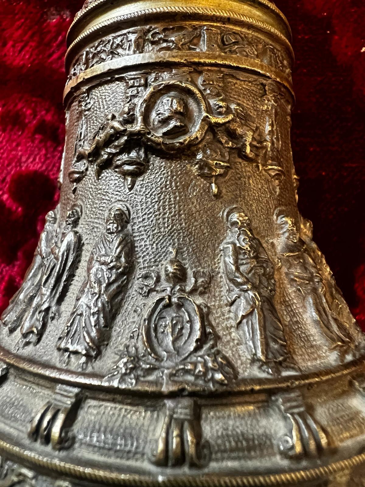 French Antique Baroque Monastery Bronze Table Bell with twelve Apostle