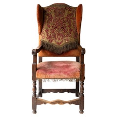 Antique Baroque Oak And Upholstered Wing Armchair, Late 17Th/Early 18Th Century