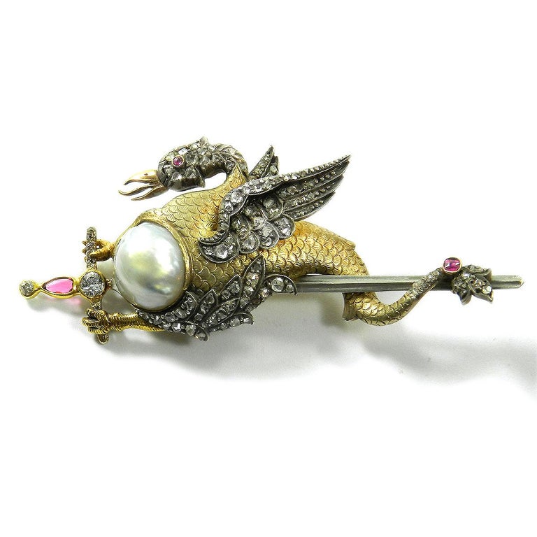 Broche dragon baroque ancienne en or avec perles et diamants de 1 carat, c. 1890 En vente sur Broche dragon baroque ancienne en or avec perles et diamants de 1 carat, c. 1890 En vente sur
