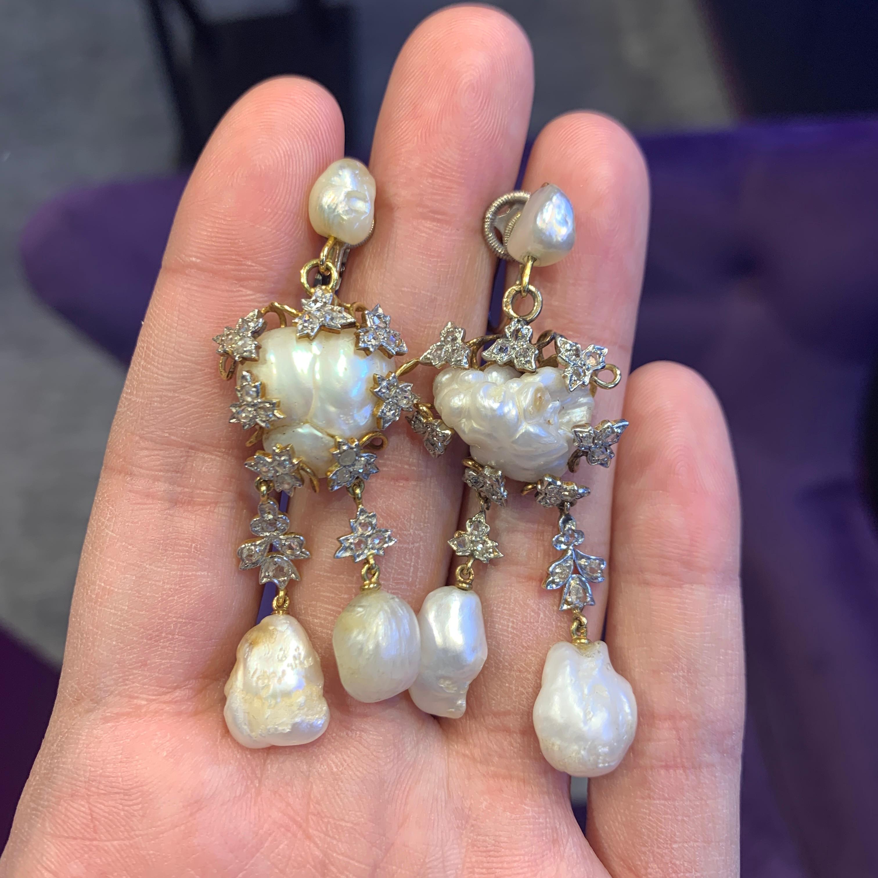 Round Cut Antique Baroque Pearl and Diamond Earrings