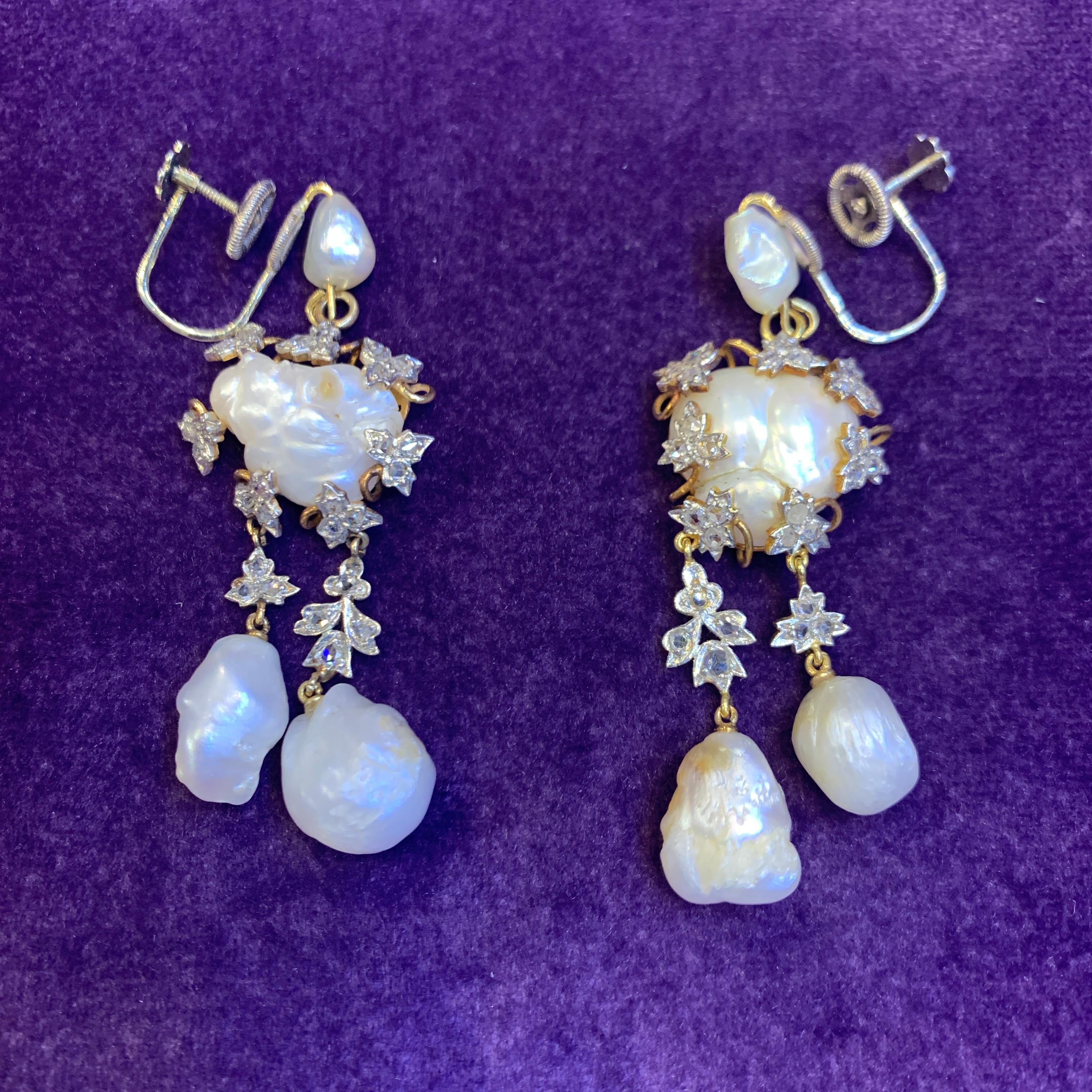 Women's Antique Baroque Pearl and Diamond Earrings