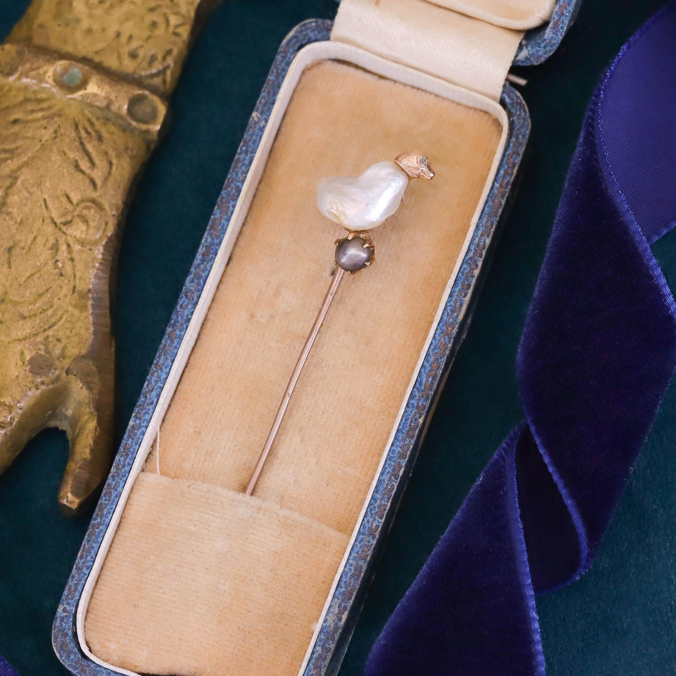 Uncut Antique Baroque Pearl Chick Stickpin of 10k Gold For Sale
