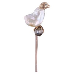 Antique Baroque Pearl Chick Stickpin of 10k Gold