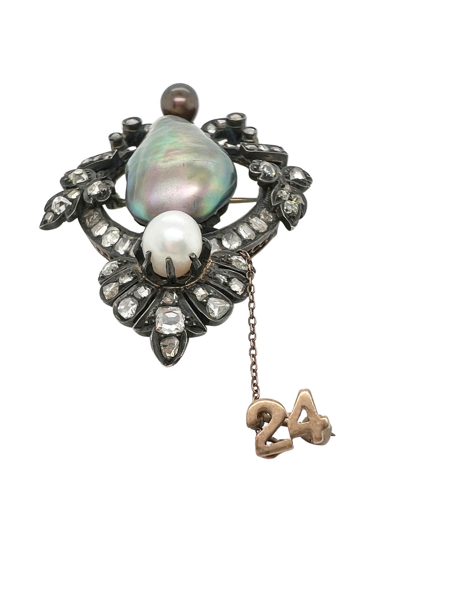 Uncut Antique Baroque Pearl, Pearl, and Diamond Brooch For Sale