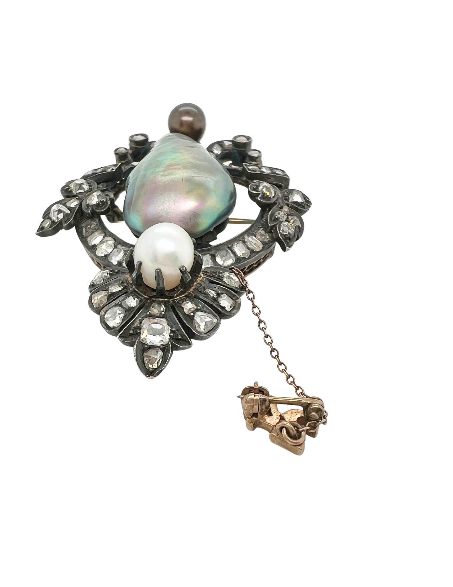 Antique Baroque Pearl, Pearl, and Diamond Brooch In Good Condition For Sale In New York, NY