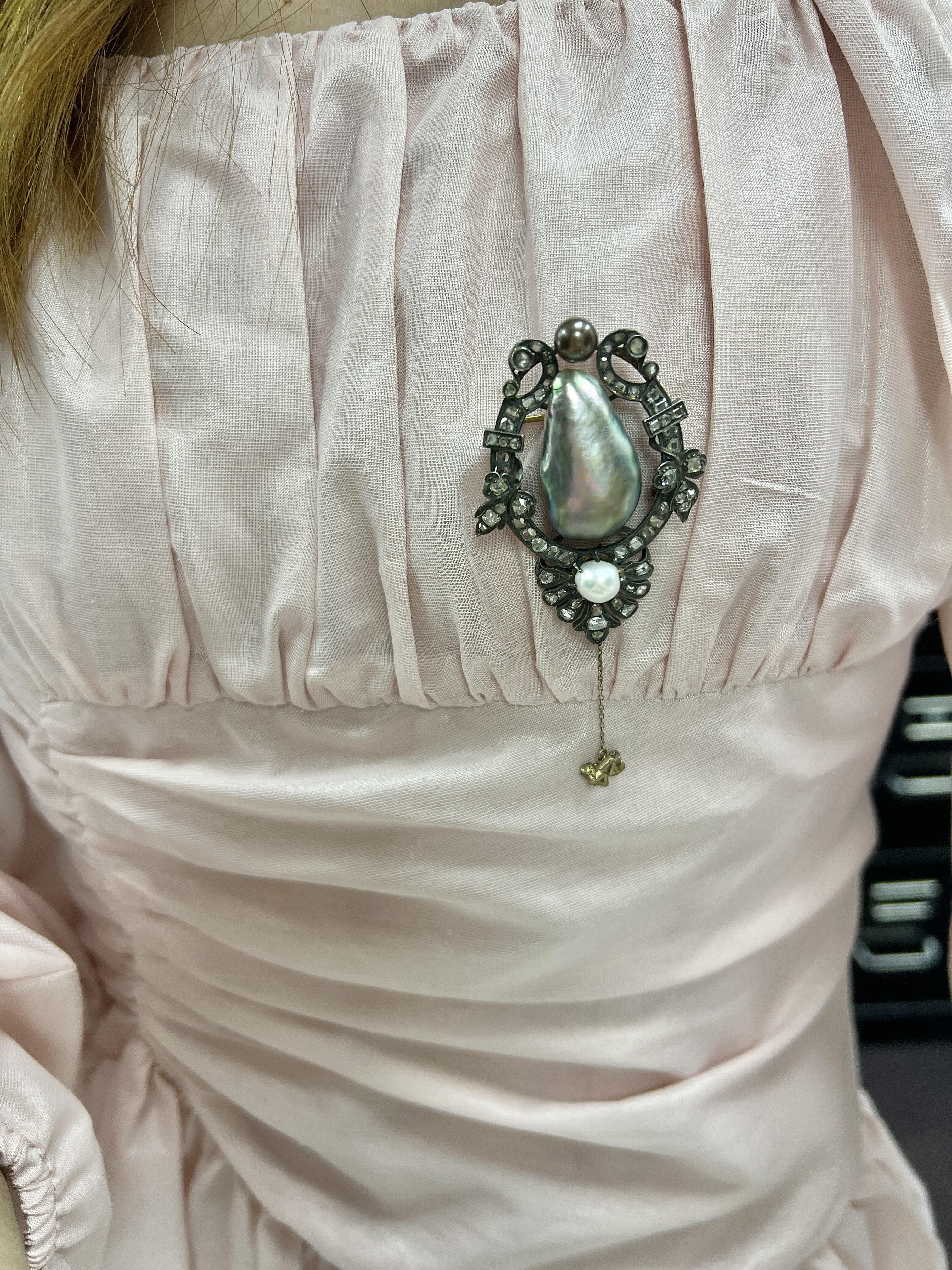 Women's Antique Baroque Pearl, Pearl, and Diamond Brooch For Sale