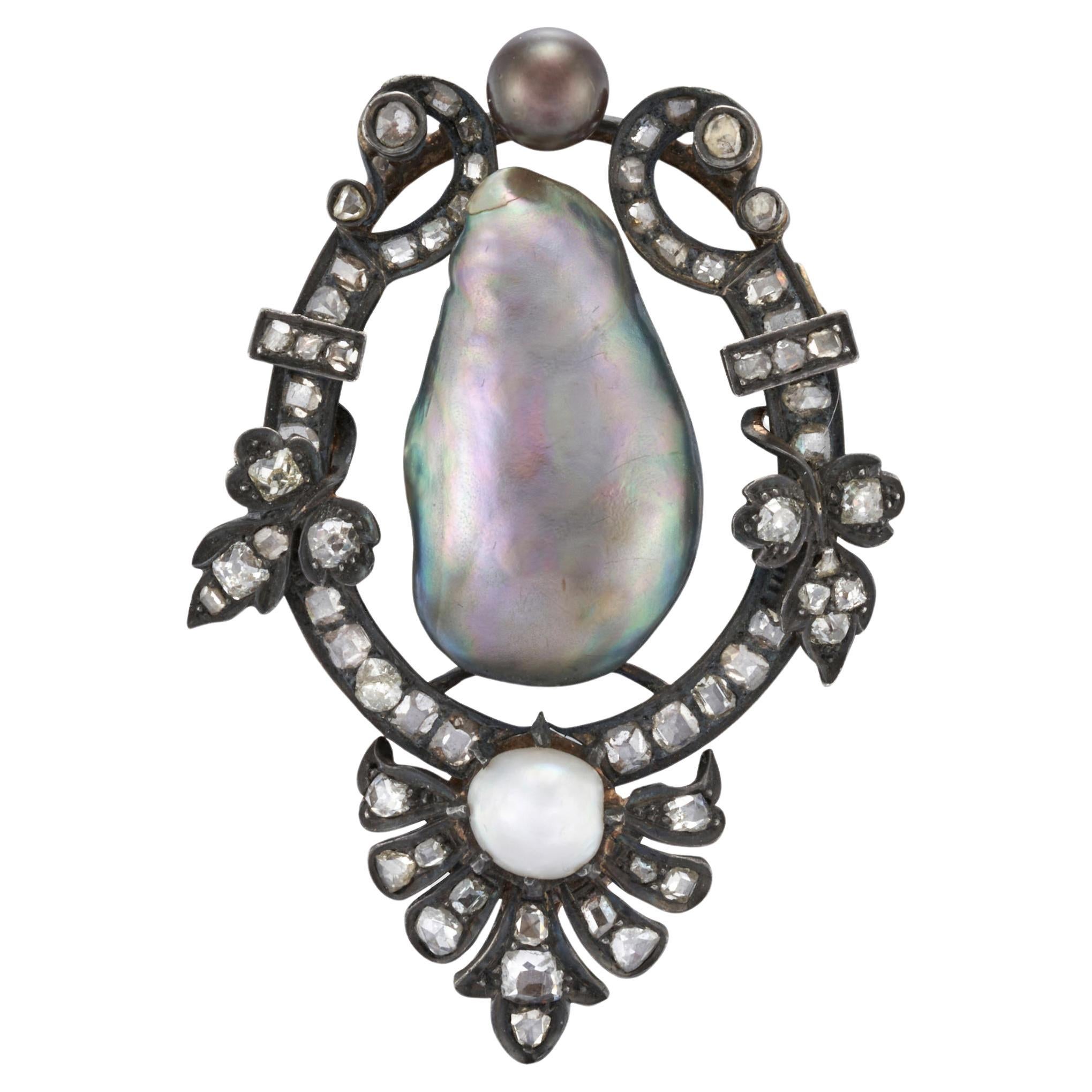 Broche baroque ancienne en perles, perles et diamants