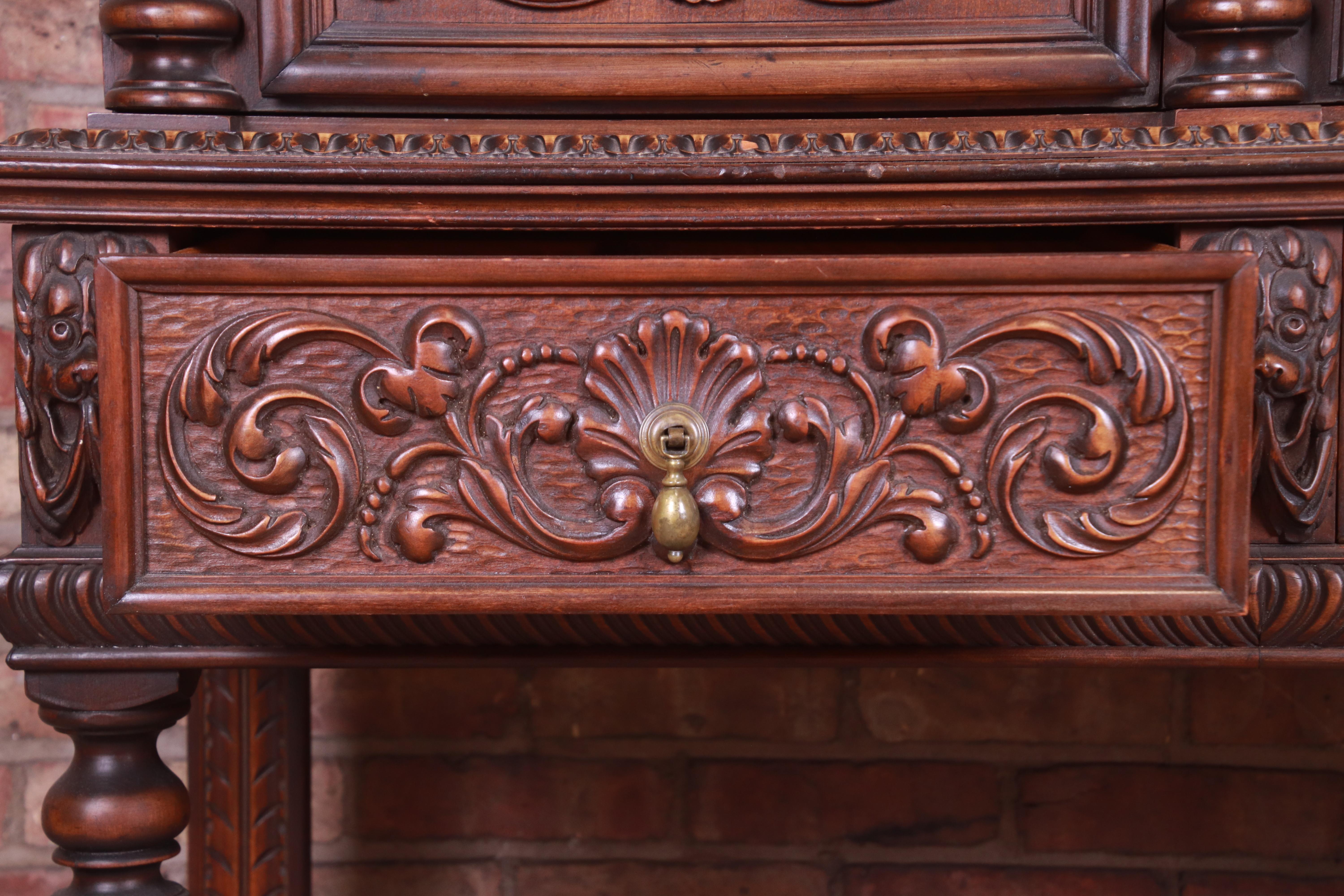 Brass Antique Baroque Renaissance Carved Walnut Bar Cabinet