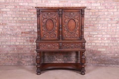 Antique Baroque Renaissance Carved Walnut Bar Cabinet