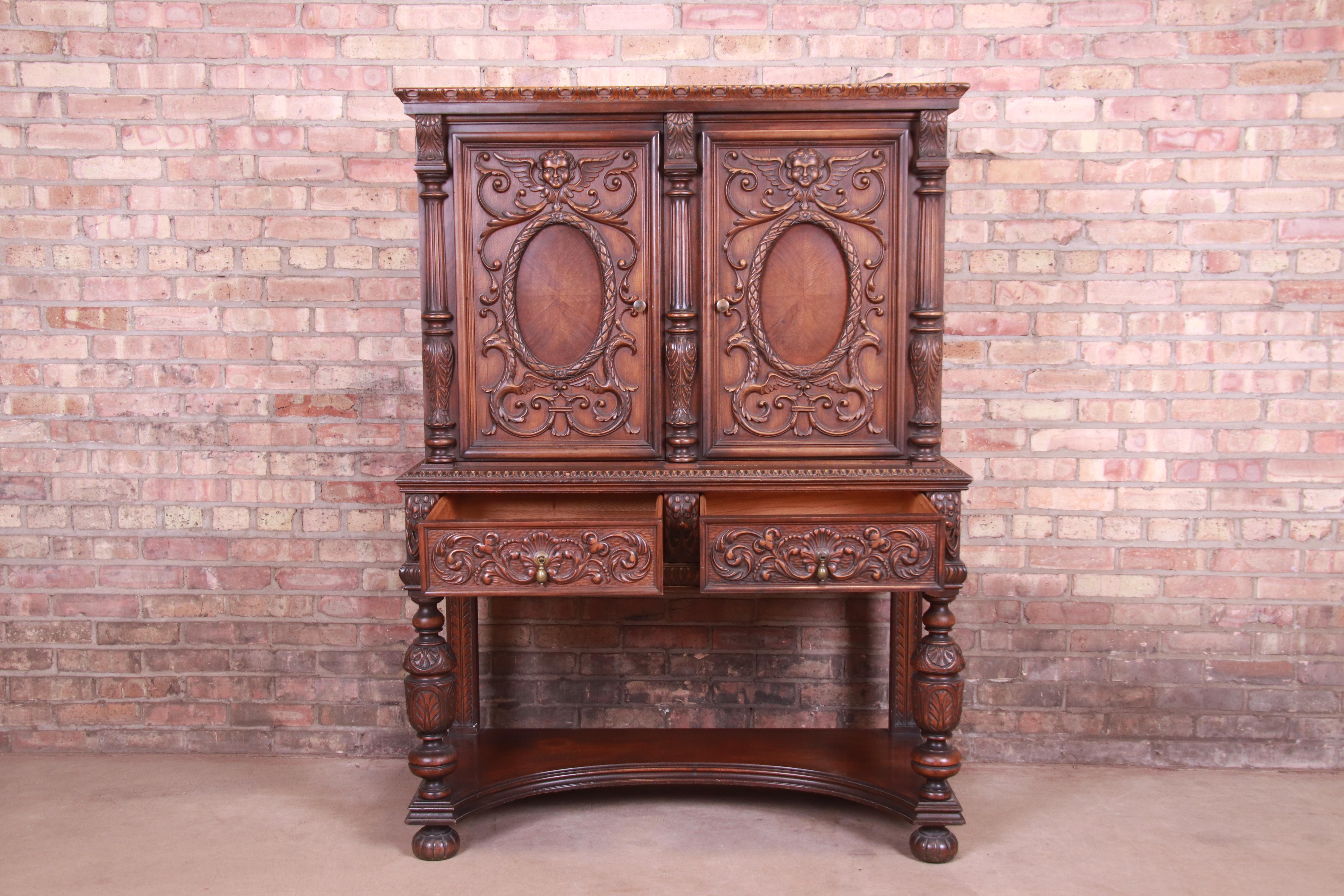 Renaissance Revival Antique Baroque Renaissance Carved Walnut Bar Cabinet