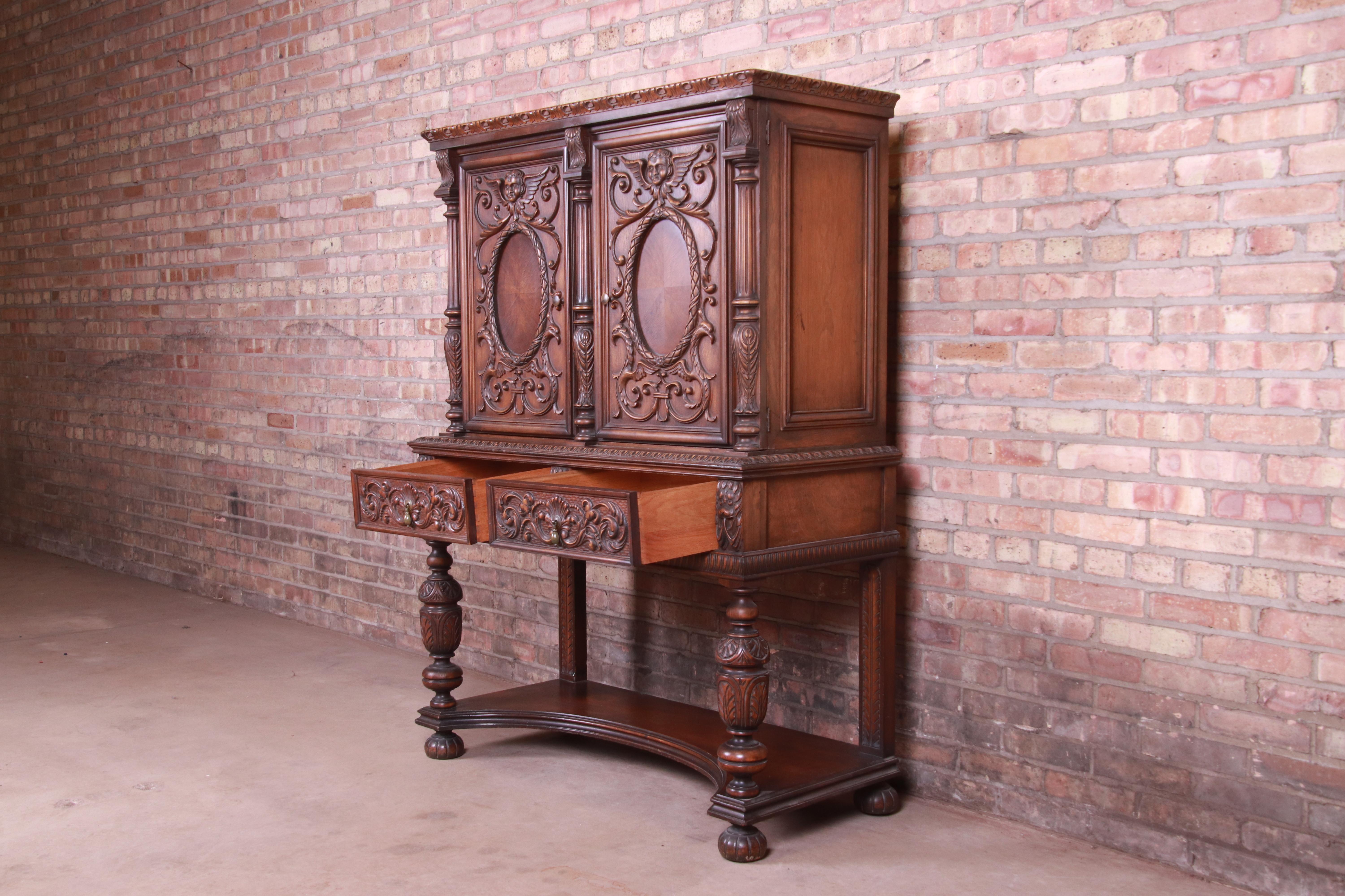 20th Century Antique Baroque Renaissance Carved Walnut Bar Cabinet