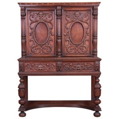 Antique Baroque Renaissance Carved Walnut Bar Cabinet