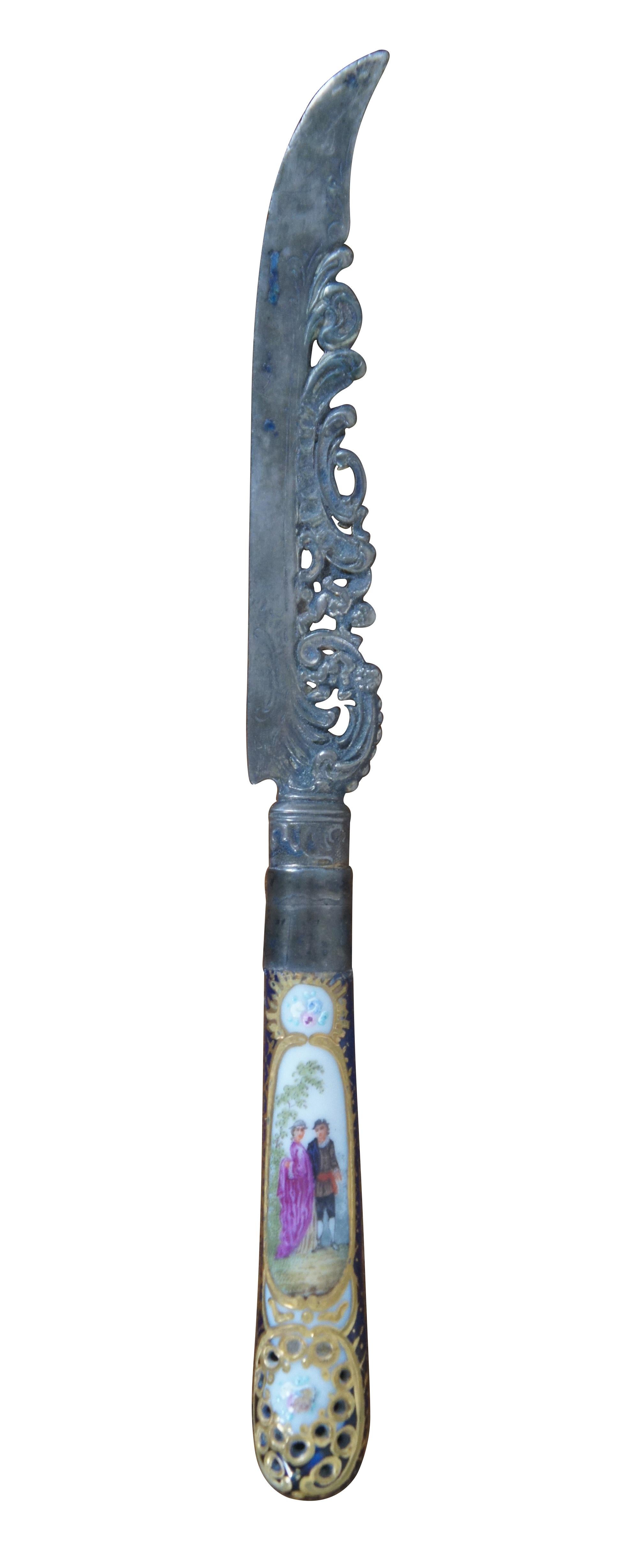 Antiker netzförmiger Richard Garten Barockmesser aus 800er Silberporzellan mit Messer 7
