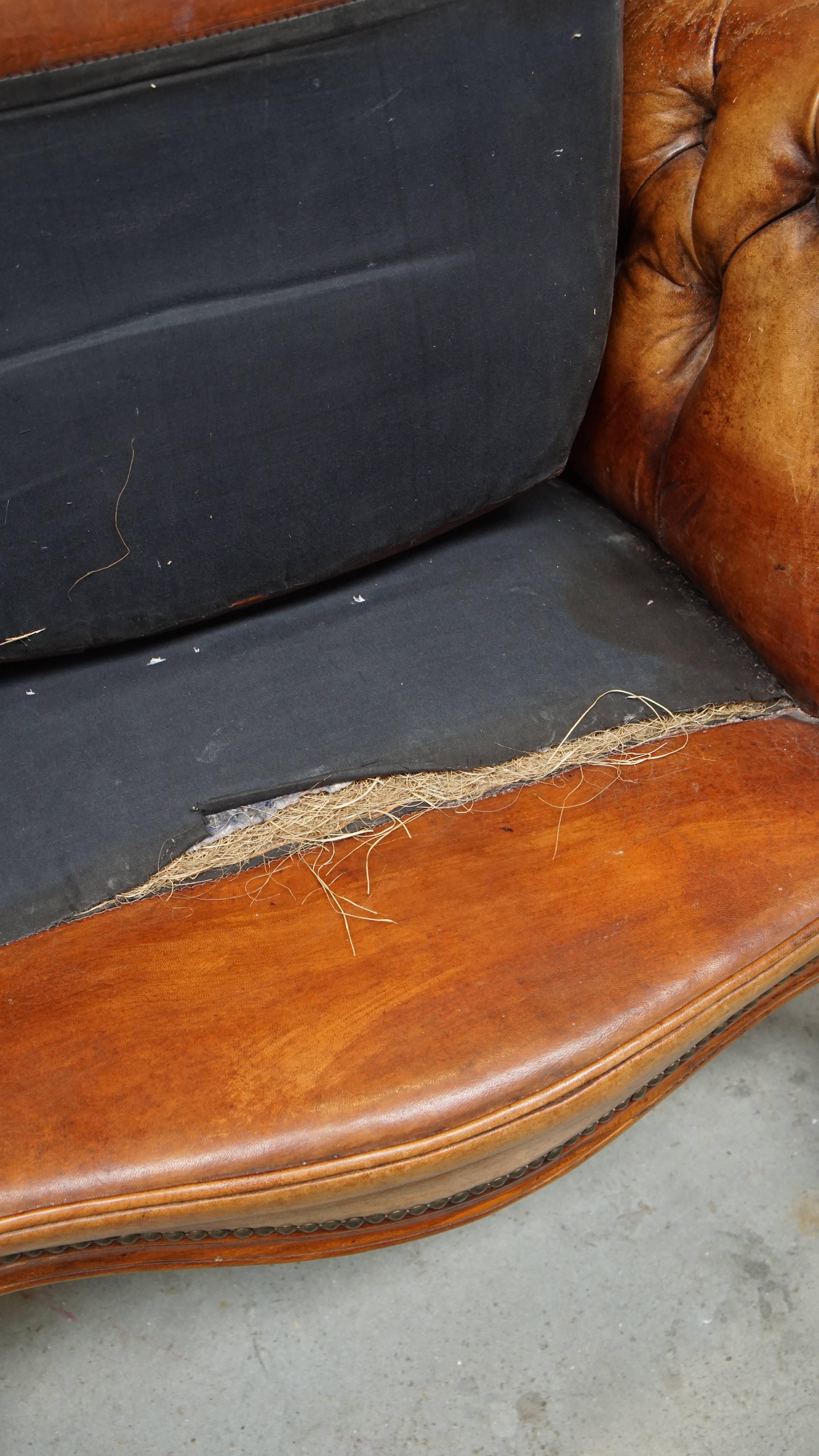Antique Baroque Sheepskin Leather Chesterfield Armchair For Sale 9
