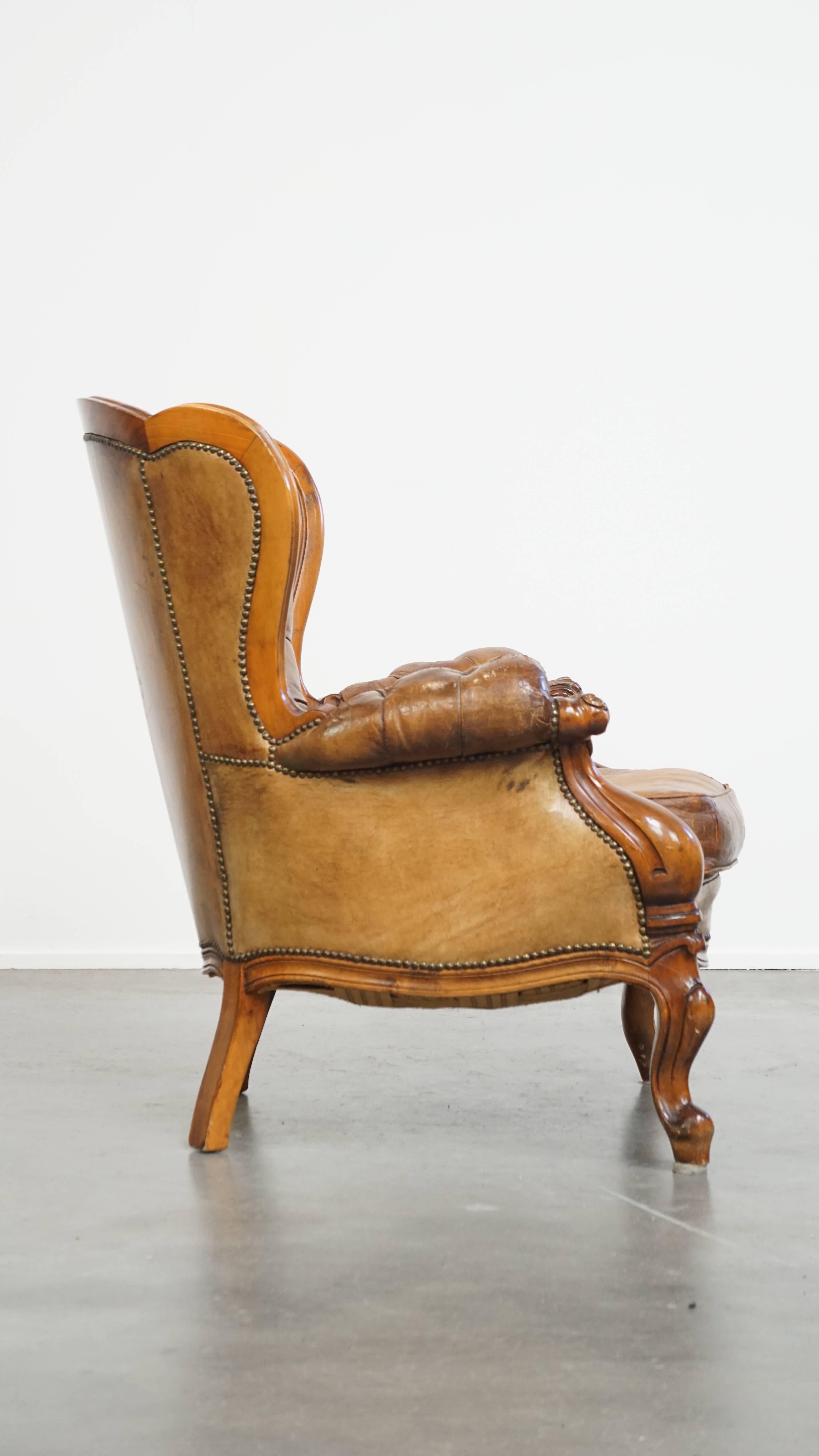 Hand-Crafted Antique Baroque Sheepskin Leather Chesterfield Armchair For Sale