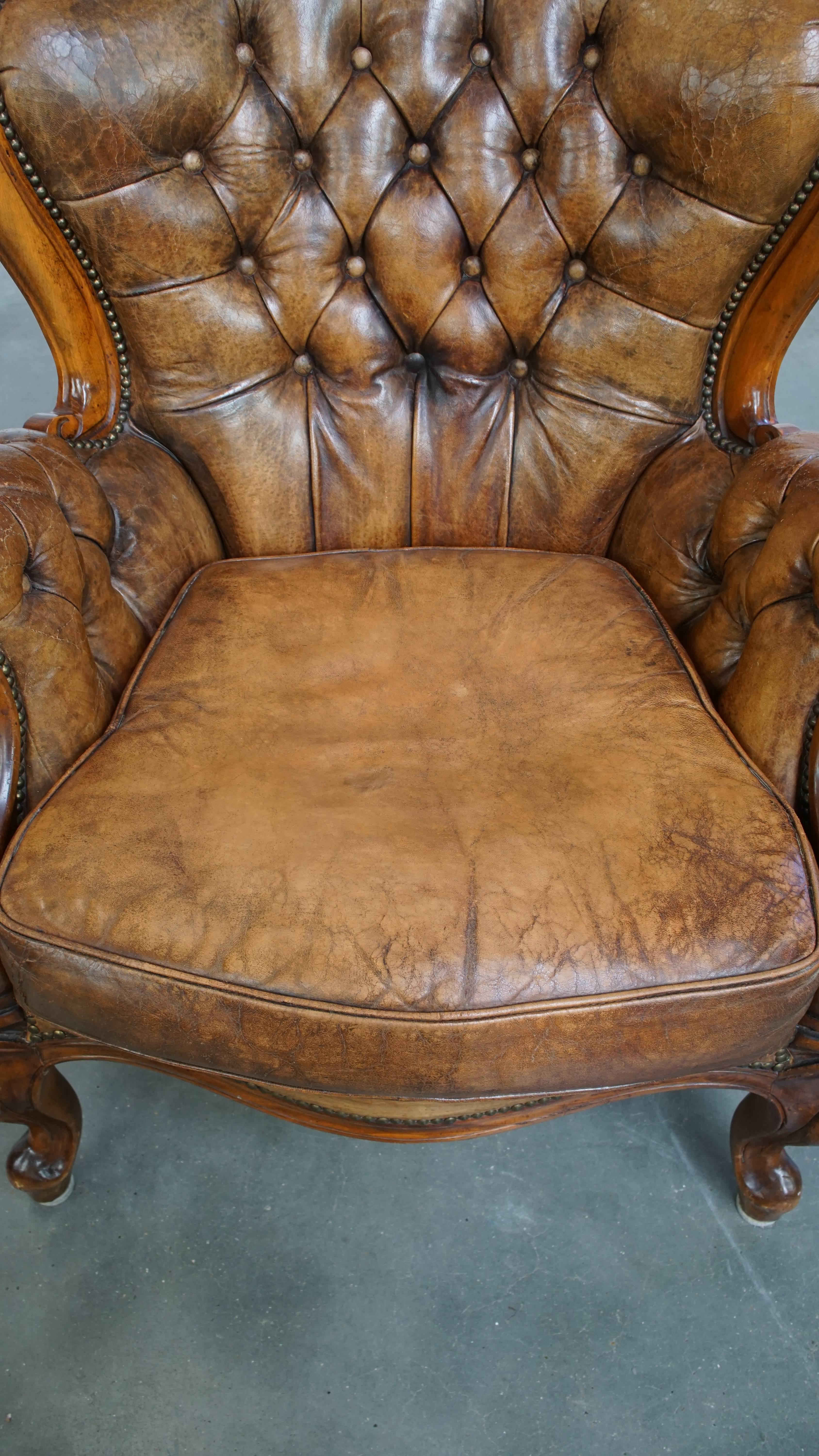 Antique Baroque Sheepskin Leather Chesterfield Armchair For Sale 1