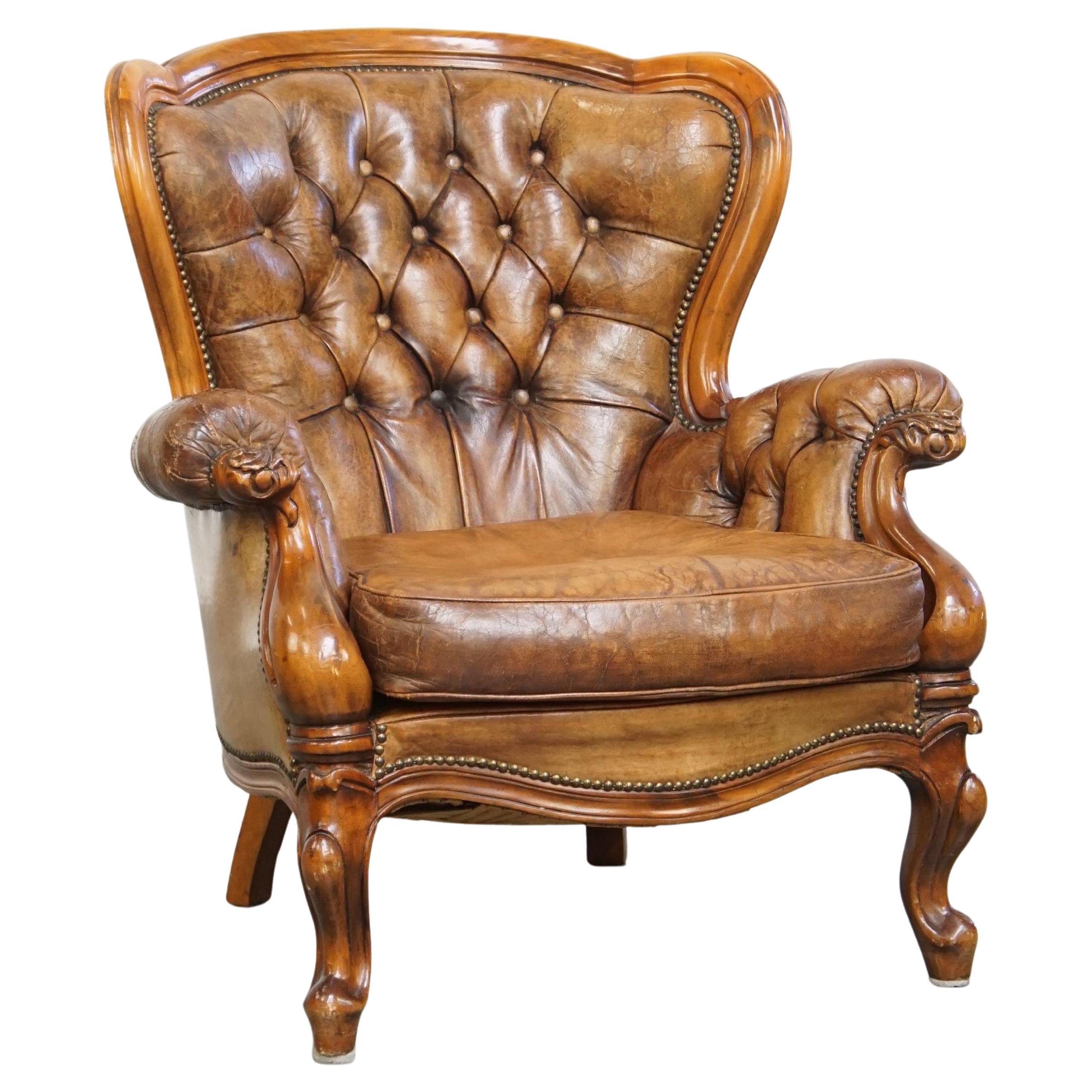 Antique Baroque Sheepskin Leather Chesterfield Armchair For Sale