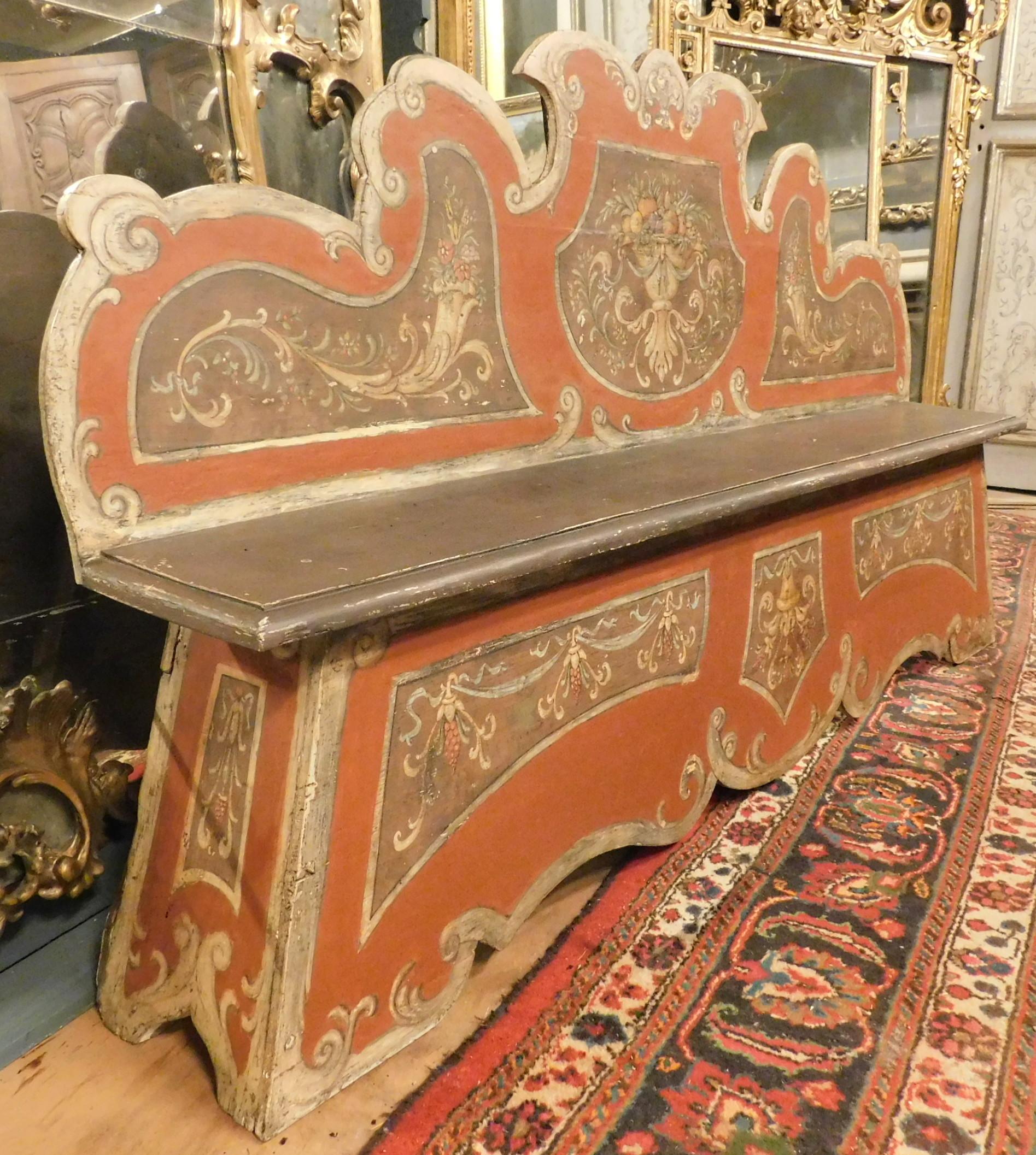 Wood Antique Baroque Side Bench in Lacquered Poplar, 18th Century Italy 'Florence'