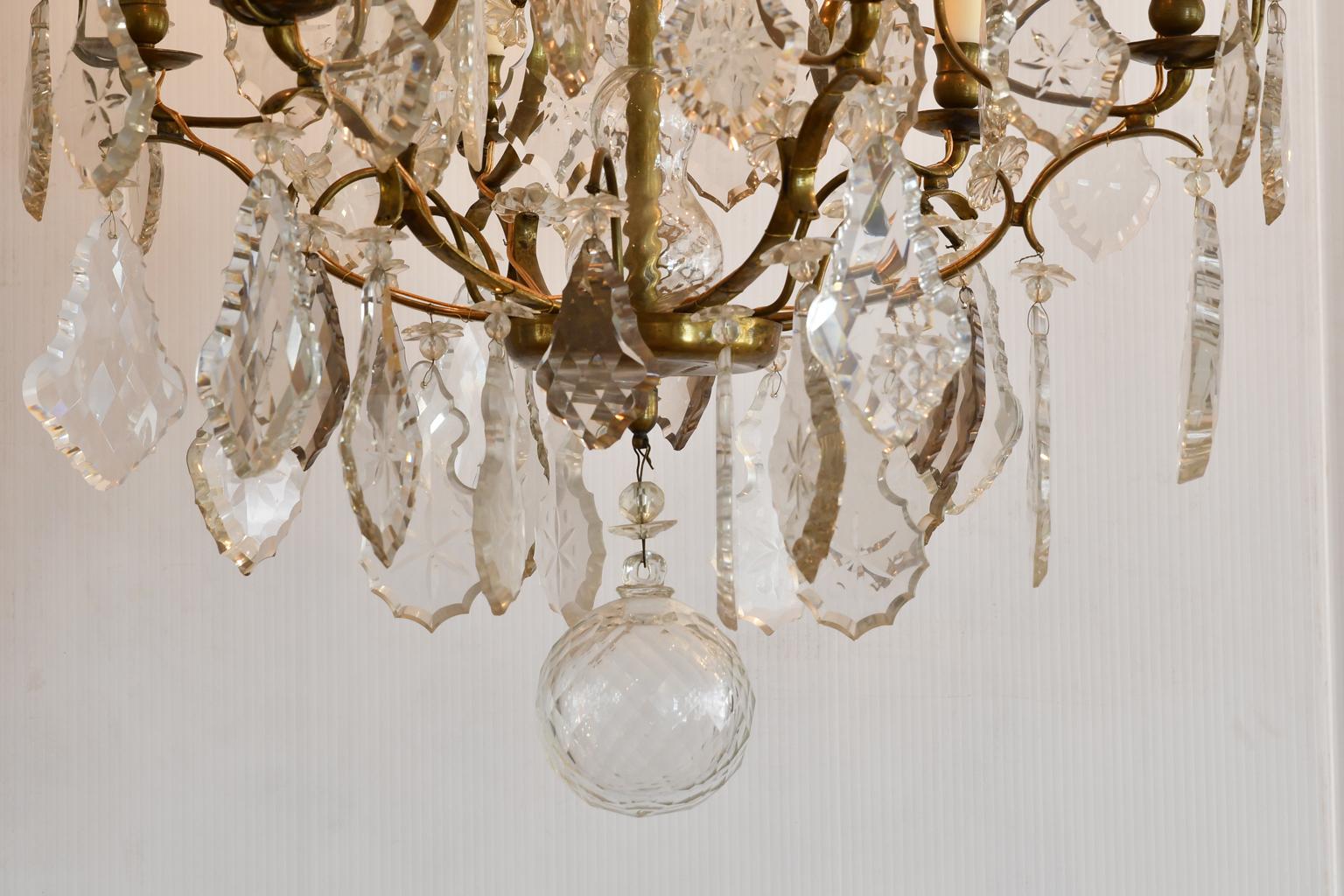 Swedish Antique Baroque-Style 6-Light Chandelier with Fine Cut & Beveled Crystal Prisms For Sale