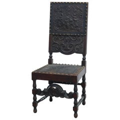 Antique Baroque Style Carved Oak & Tooled Leather Desk Side Chair, Circa 1900