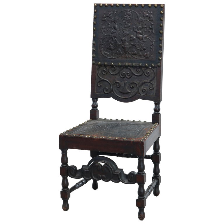 Antique Baroque Style Carved Oak and Tooled Leather Desk Side Chair