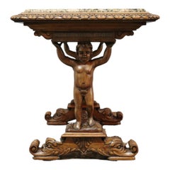 Antique Baroque Style Figural Cherub Carved Walnut Marble Top Table c1900