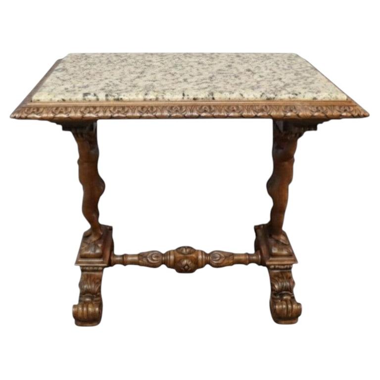 Antique Baroque Style Figural Cherub Carved Walnut Marble Top Table c1900 For Sale