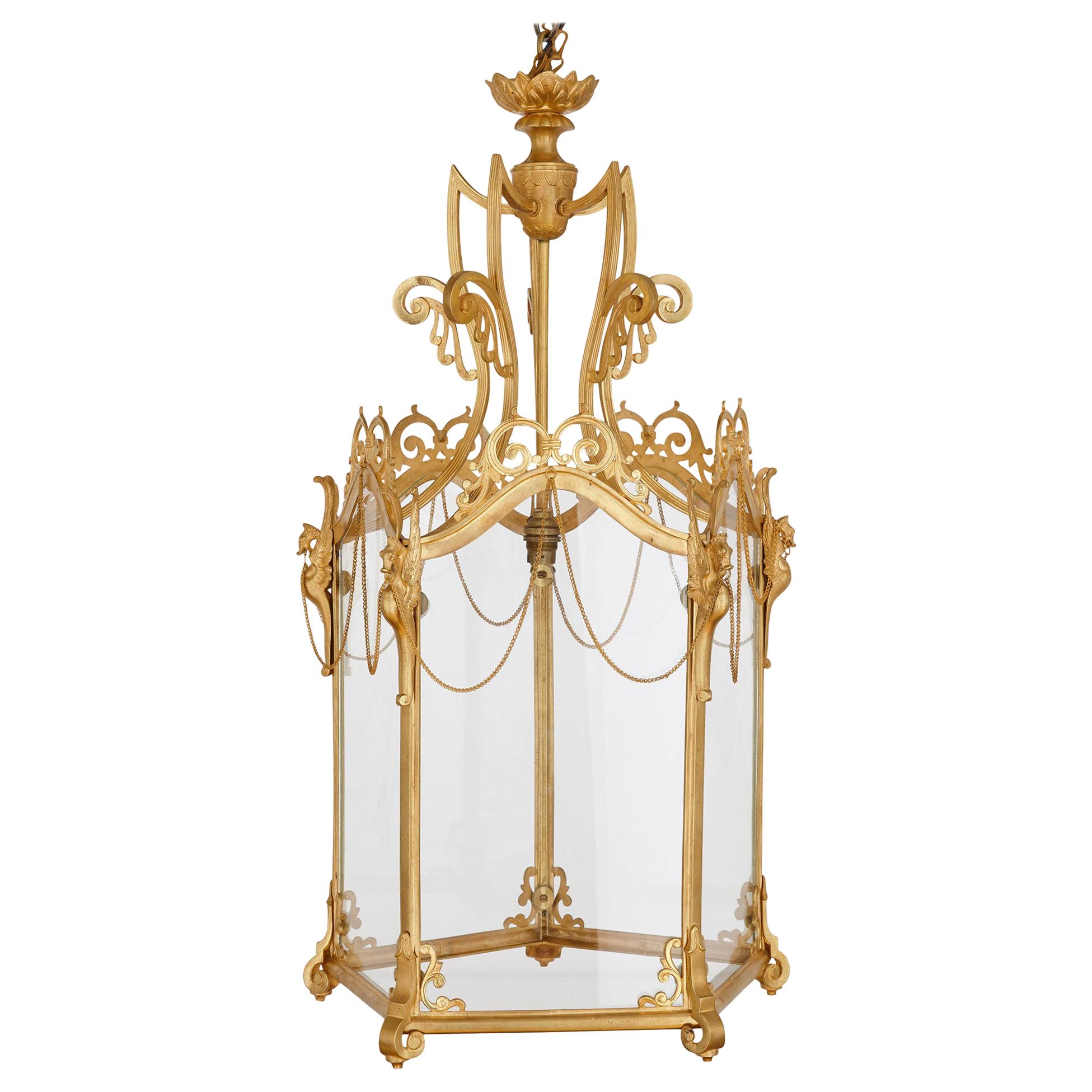 Antique Baroque Style Glass and Gilt Bronze Lantern For Sale