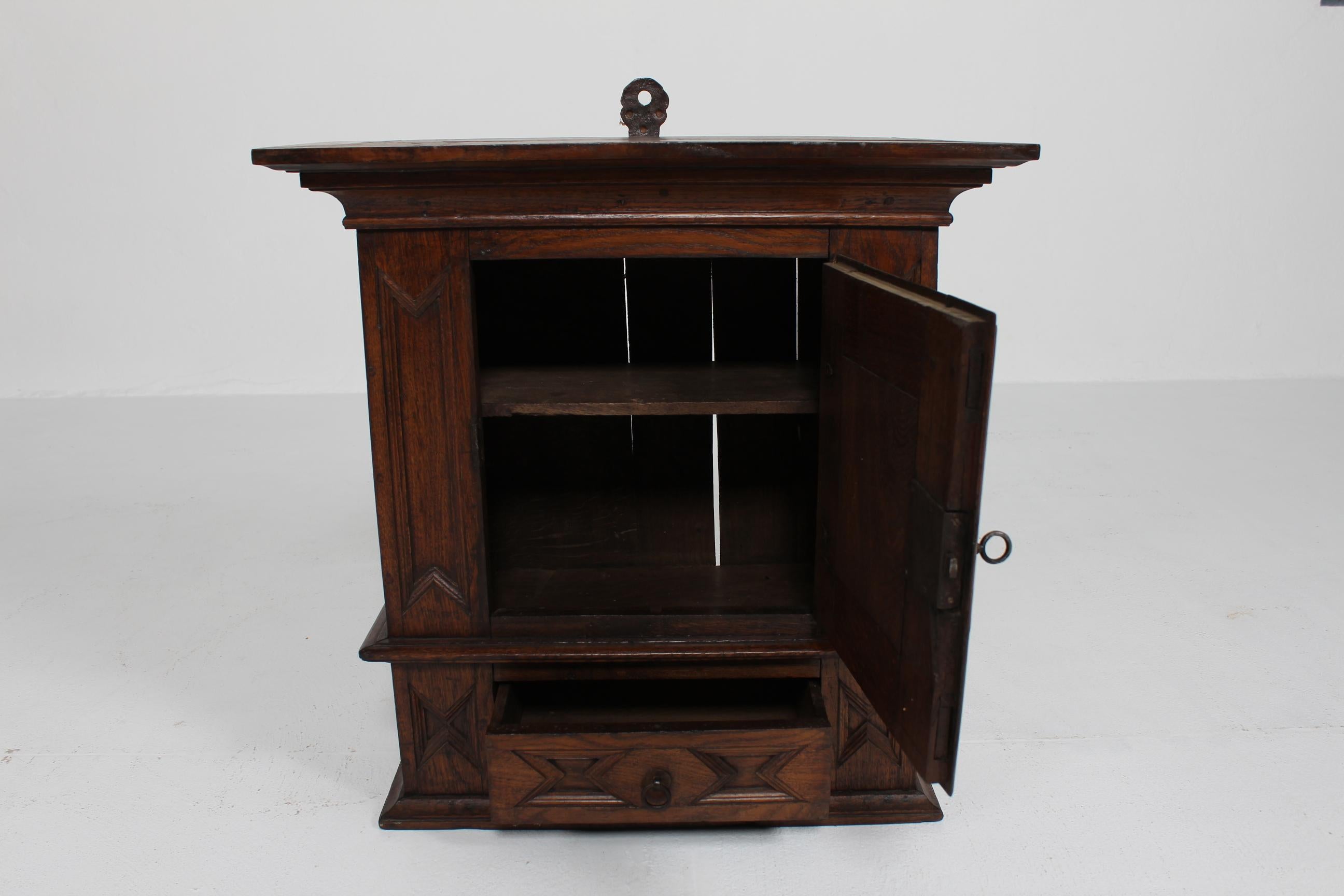 Danish Antique Baroque Style Hanging Cabinet of Dark Oak with Wood Carvings ca. 1800 For Sale