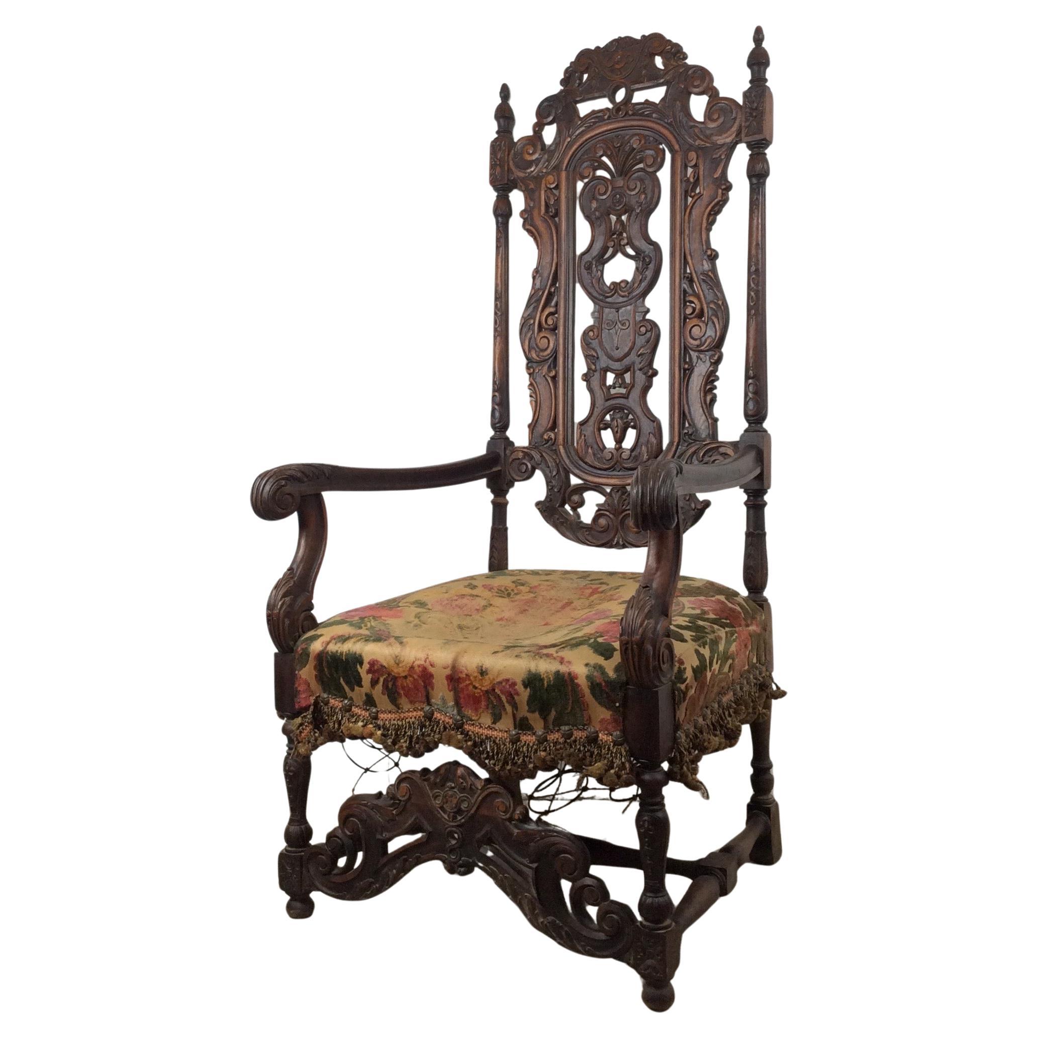 Antique Baroque Style Highback Throne Chair with Carved Wood