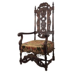 Antique Baroque Style Highback Throne Chair with Carved Wood