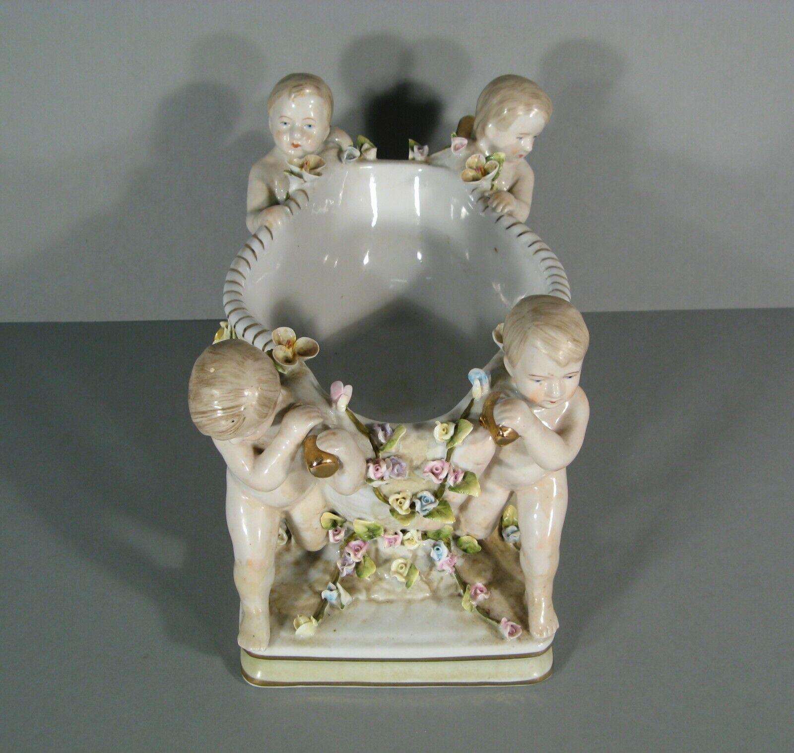 French Antique Baroque Style Porcelain Centerpiece with Putti and Floral Decor - 1Y206