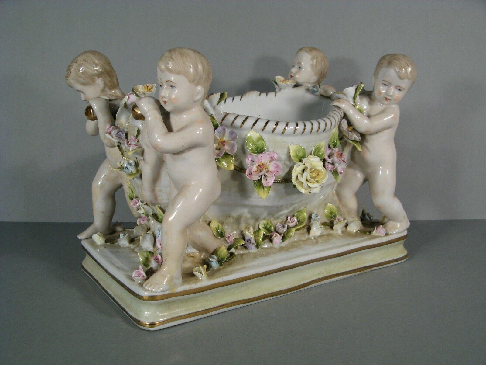 20th Century Antique Baroque Style Porcelain Centerpiece with Putti and Floral Decor - 1Y206