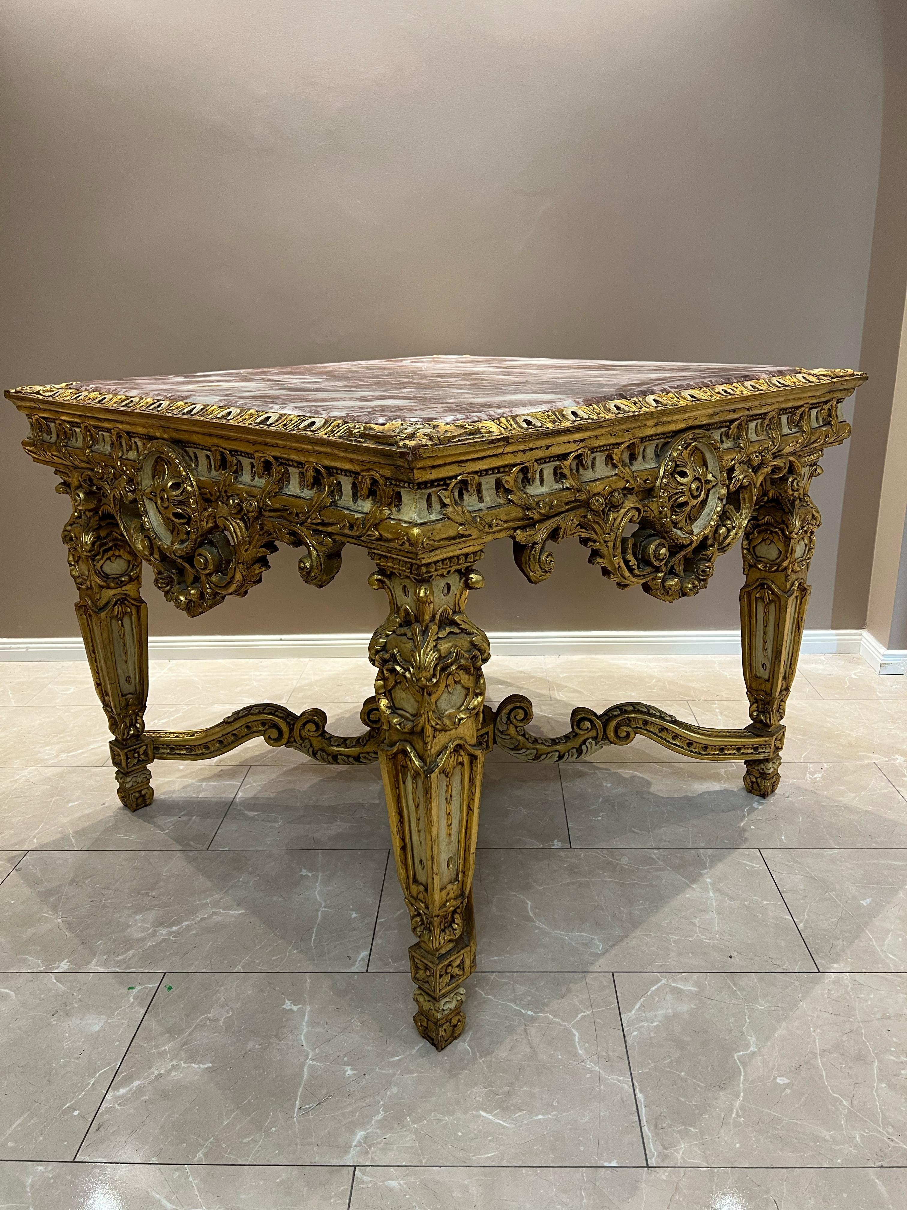 Antique Baroque-Style Table with Marble Top and Gilded Wood Base For Sale 5