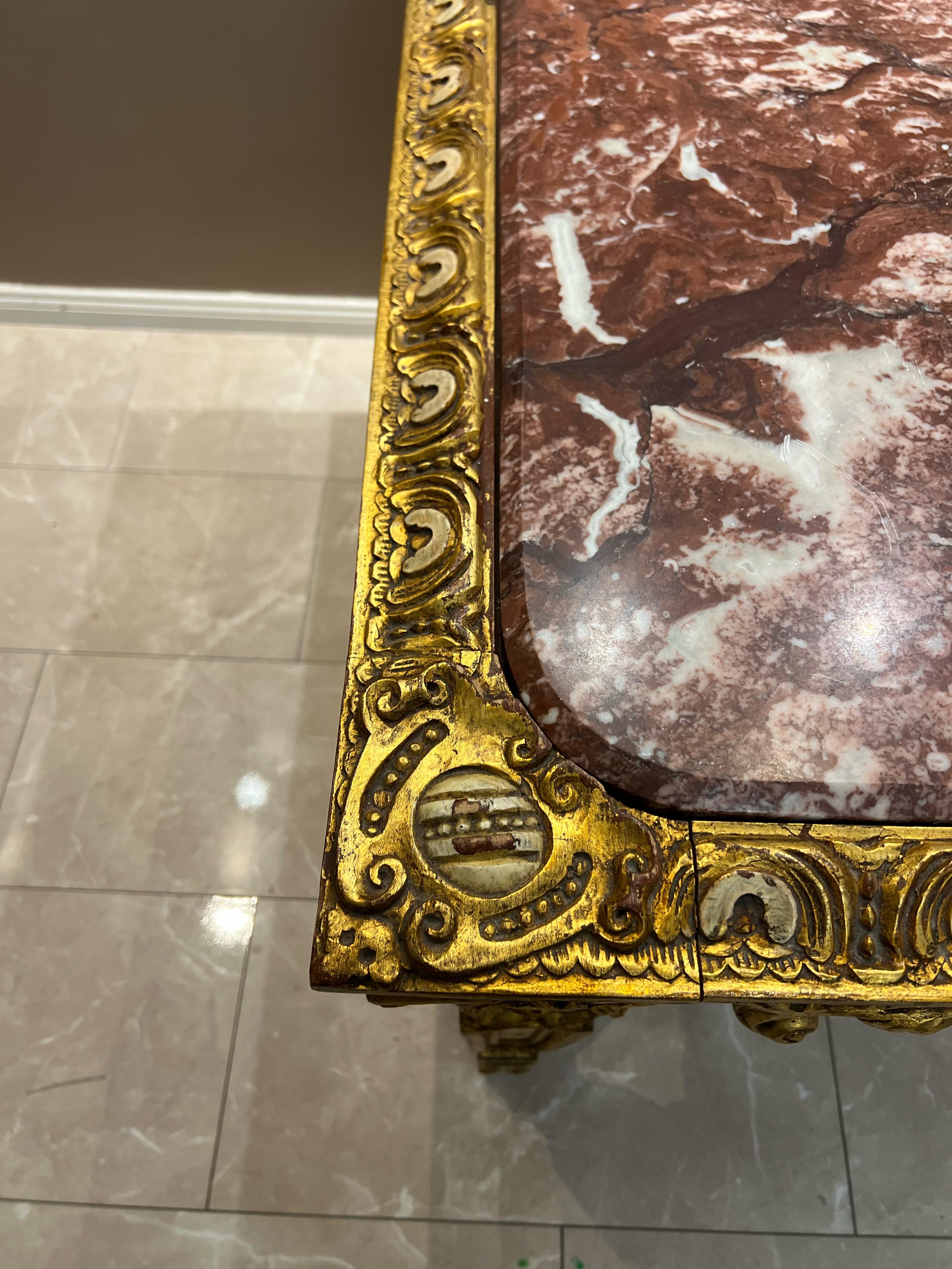 Antique Baroque-Style Table with Marble Top and Gilded Wood Base For Sale 6