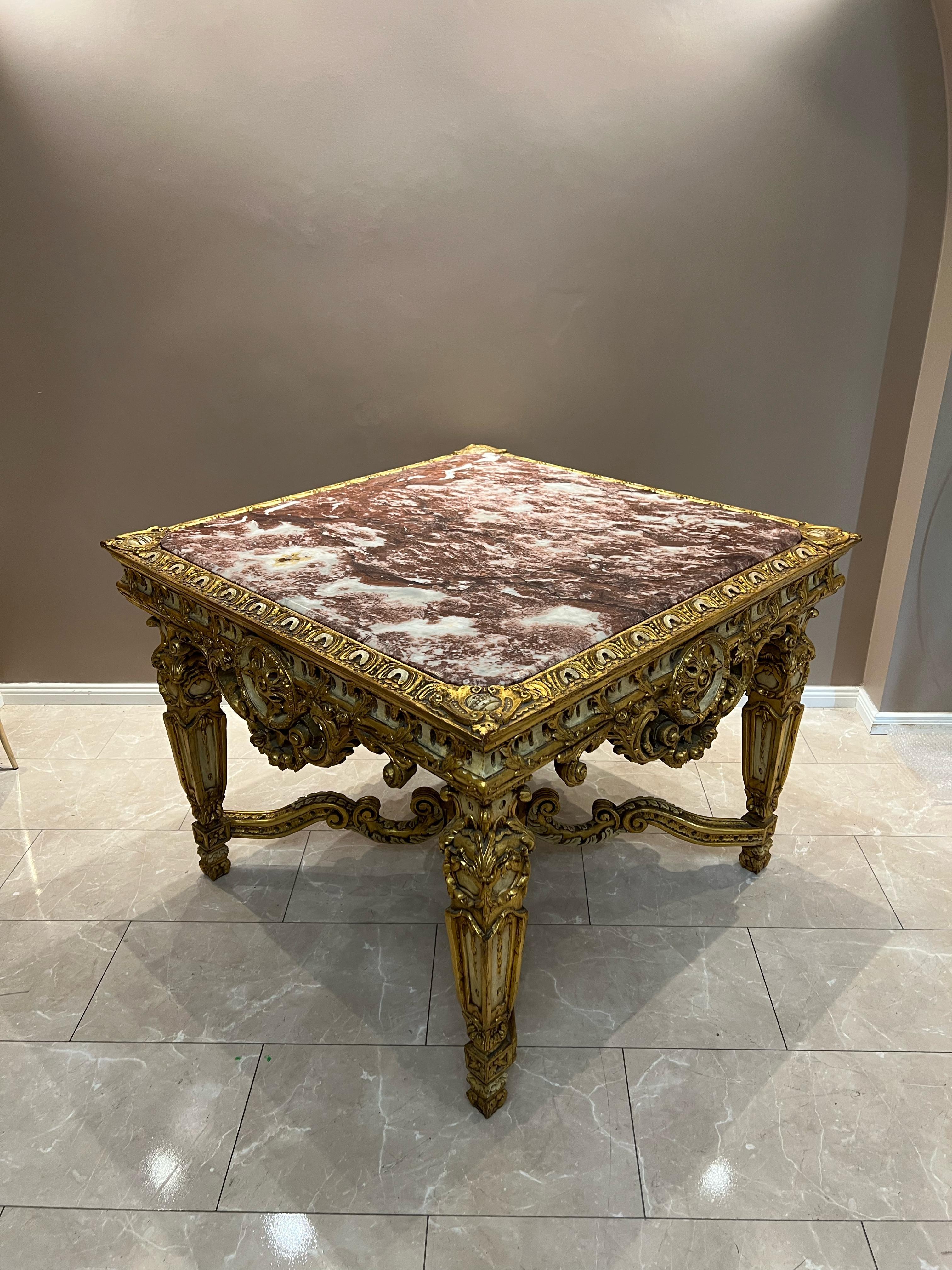 Antique Baroque-Style Table with Marble Top and Gilded Wood Base For Sale 7