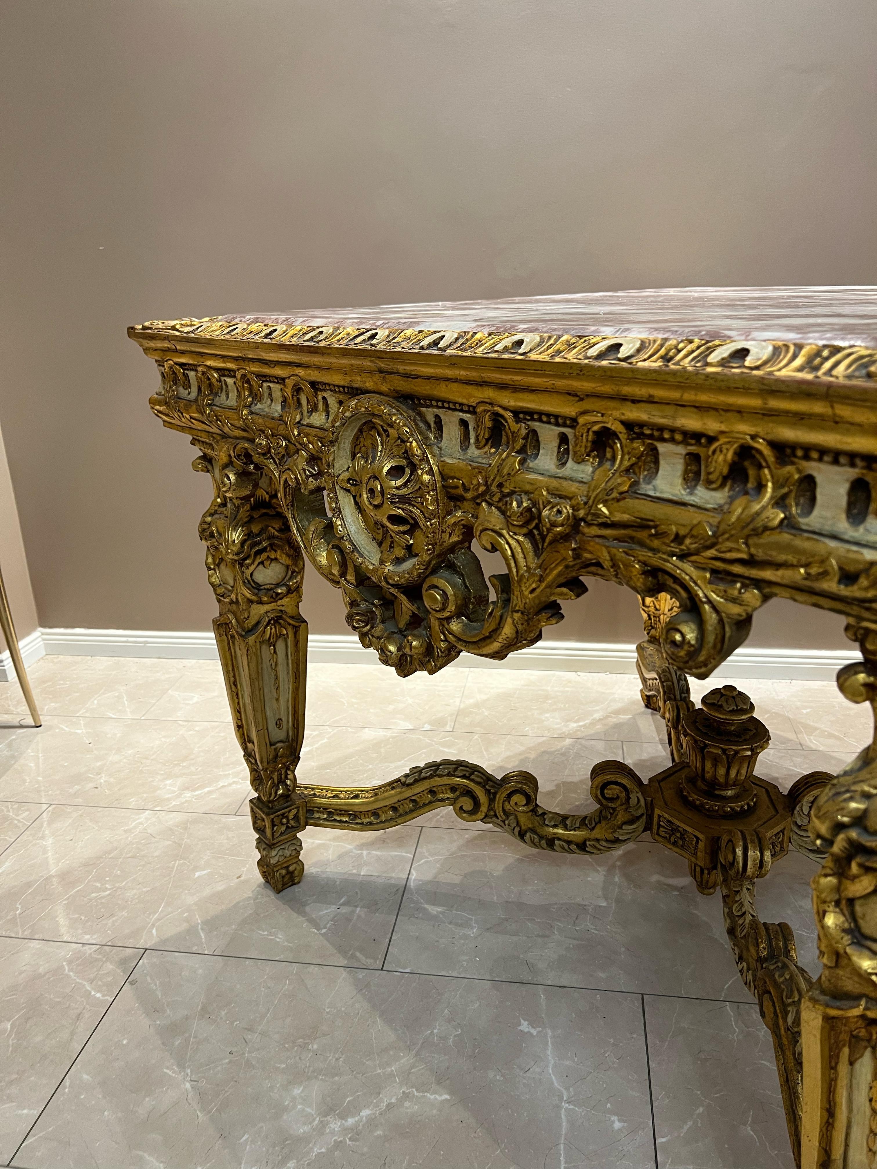 Antique Baroque-Style Table with Marble Top and Gilded Wood Base For Sale 9