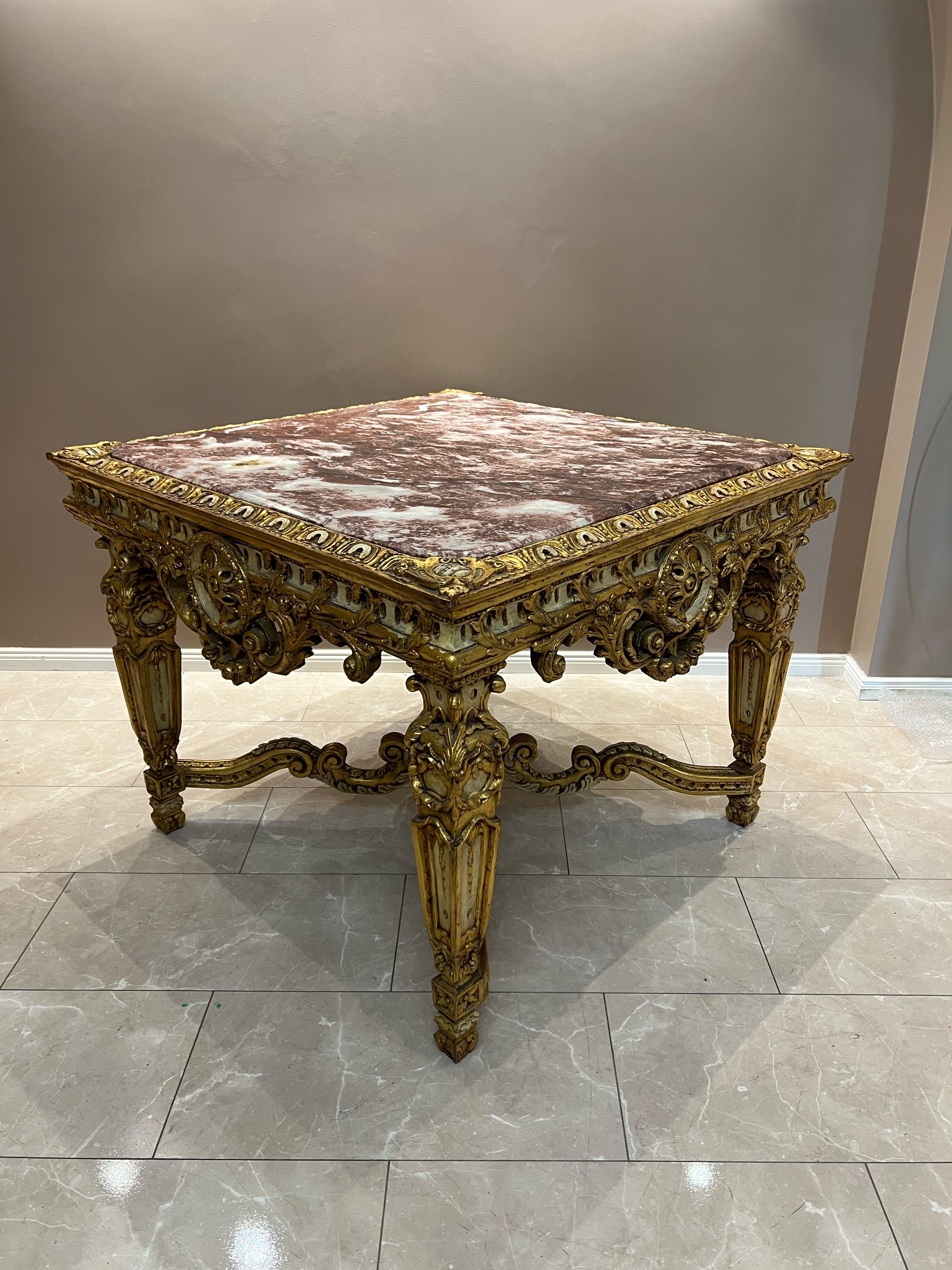 Antique Baroque-Style Table with Marble Top and Gilded Wood Base For Sale 10
