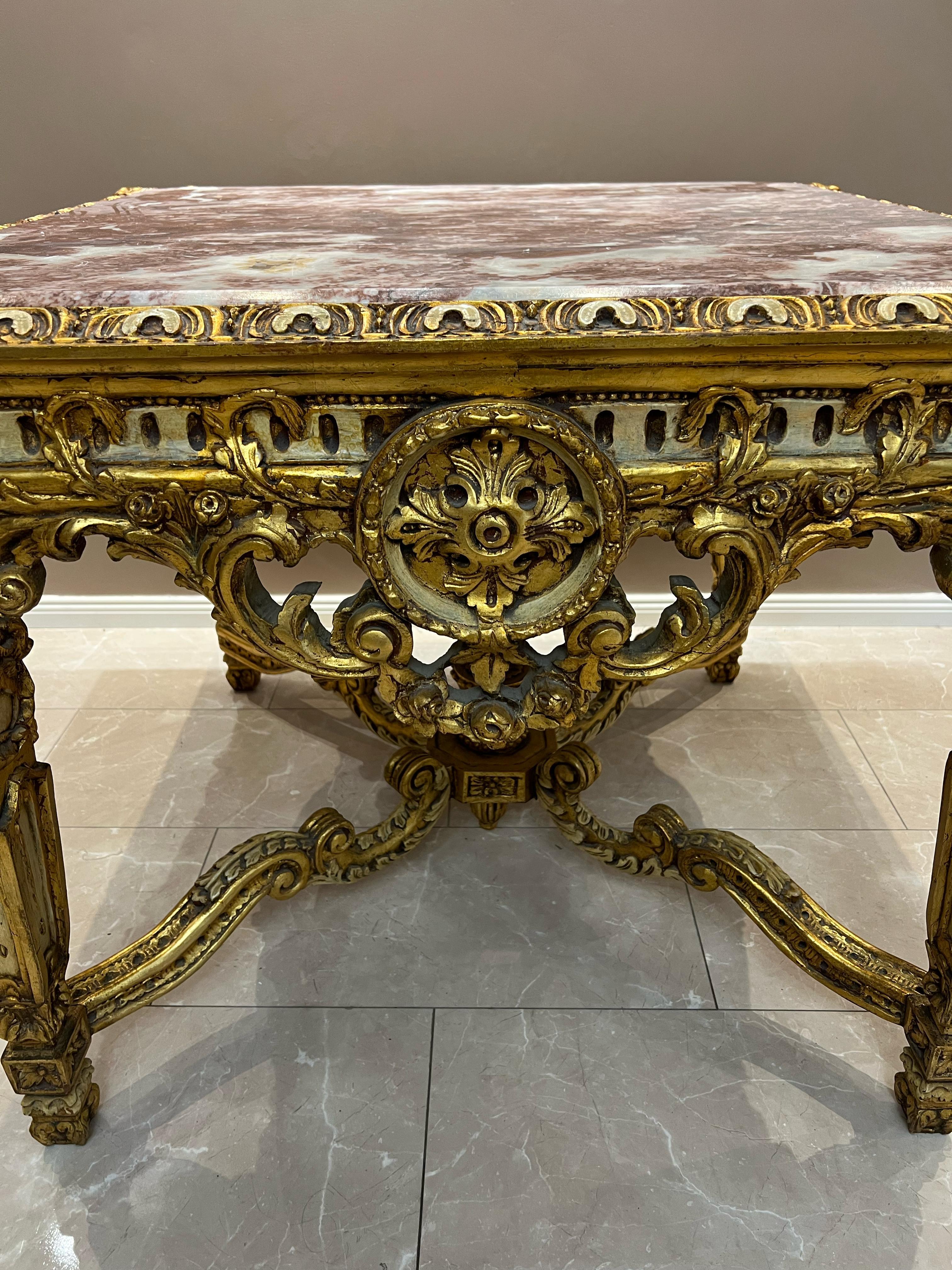German Antique Baroque-Style Table with Marble Top and Gilded Wood Base For Sale